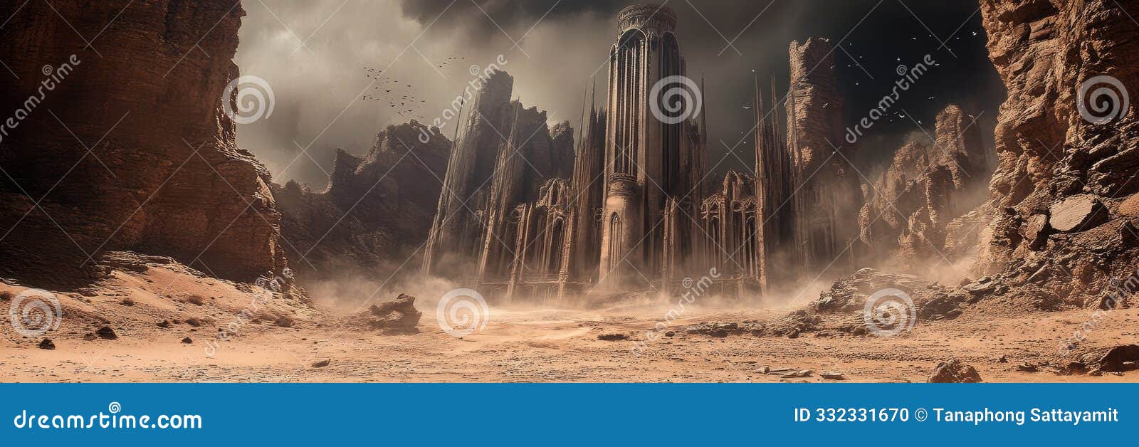 a majestic gothic cathedral stands tall amidst a desolate desert landscape its towering spires piercing the cloudy sky the