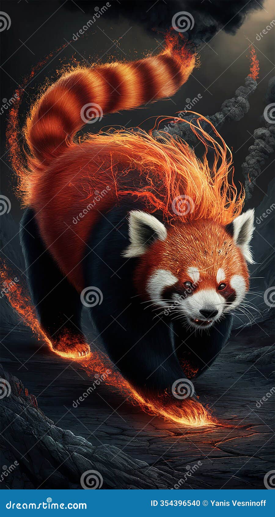 a majestic hybrid creature that flawlessly combines the features of a red panda and the fiery essence of a mythical being