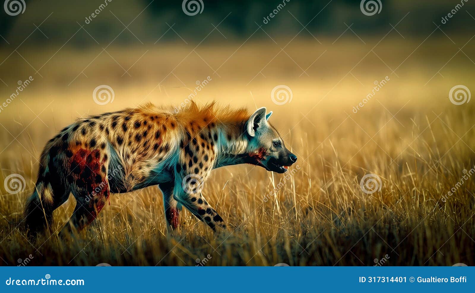 majestic hyena walking in the wild at twilight