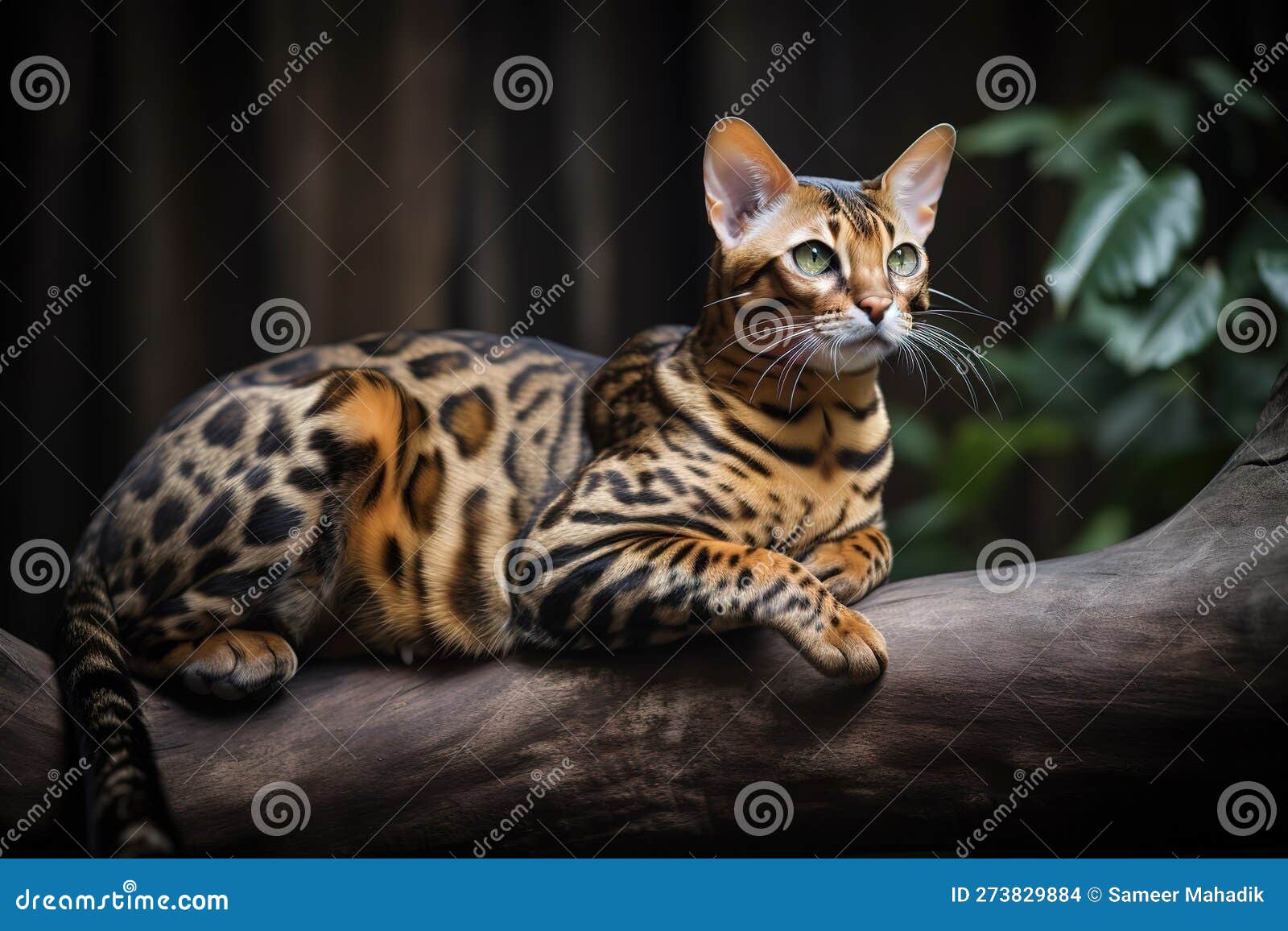 a majestic and imposing bengal cat lounging on a tree branch, showing off its unique and striking coat pattern. generative ai
