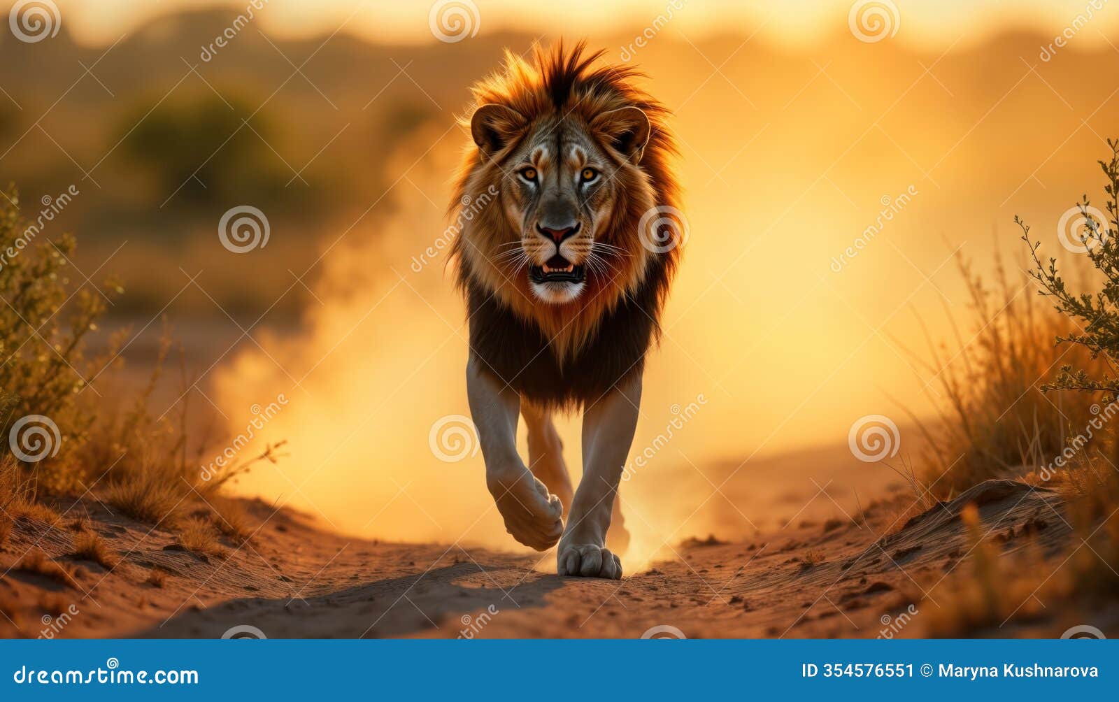 majestic lion runs across dusty savanna at golden hour. powerful predator sprints towards viewer. untamed wild spirit under