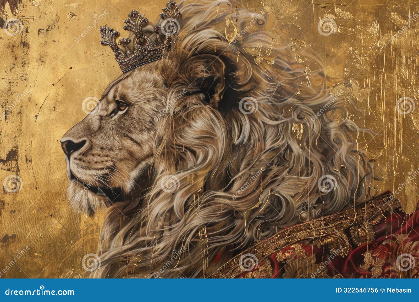 a majestic lion wearing a crown, depicted in a profile view against a gold background