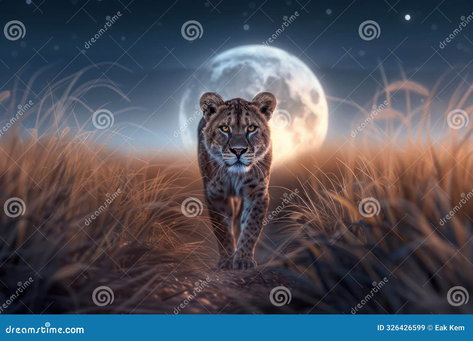 majestic lioness stalking under the full moon, a powerful predator in the wild, part of the fauna, wildlife photography, nighttime