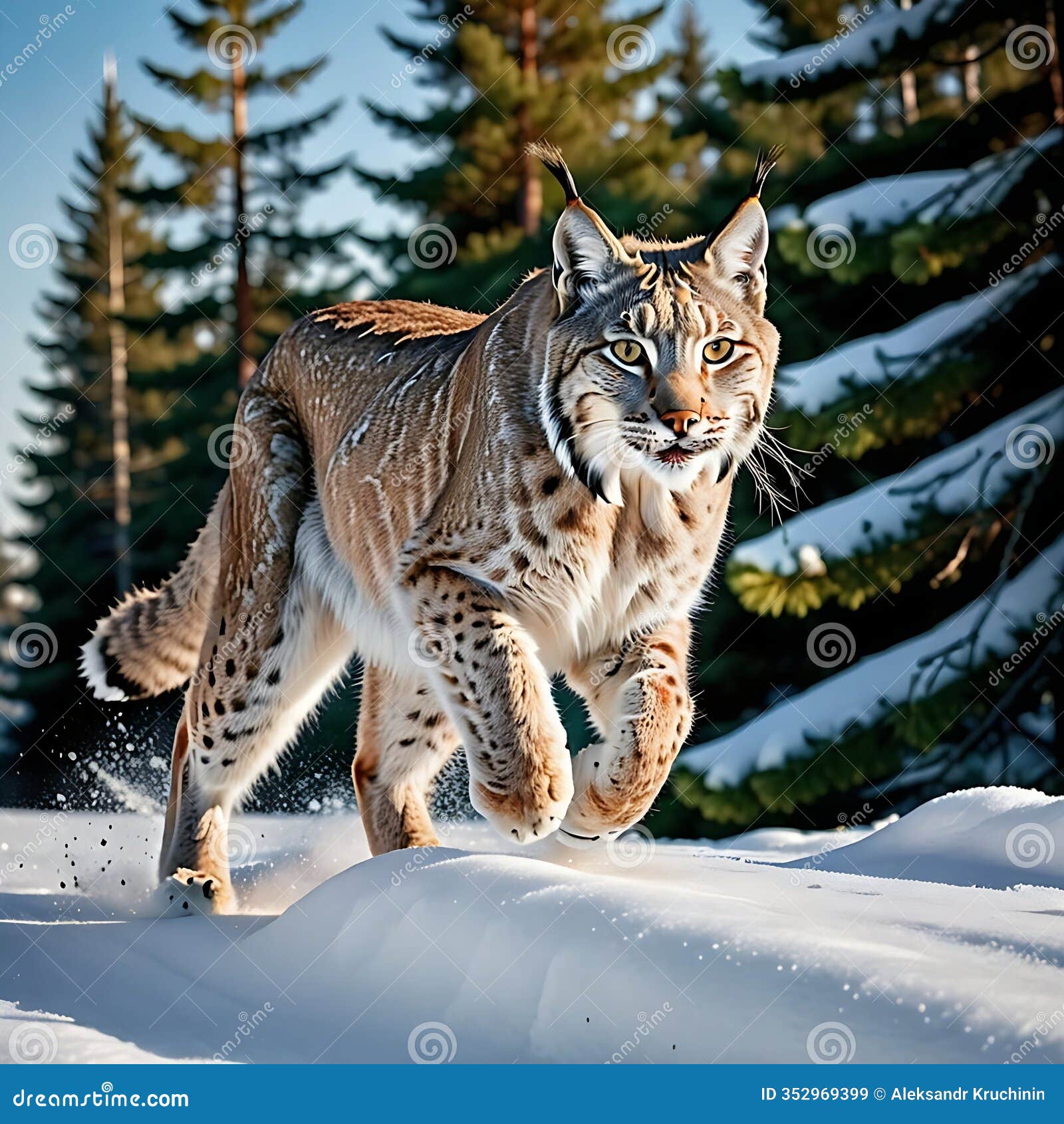 a majestic lynx gracefully strides through a snowy forest, showcasing its striking features and powerful presence in the wild.
