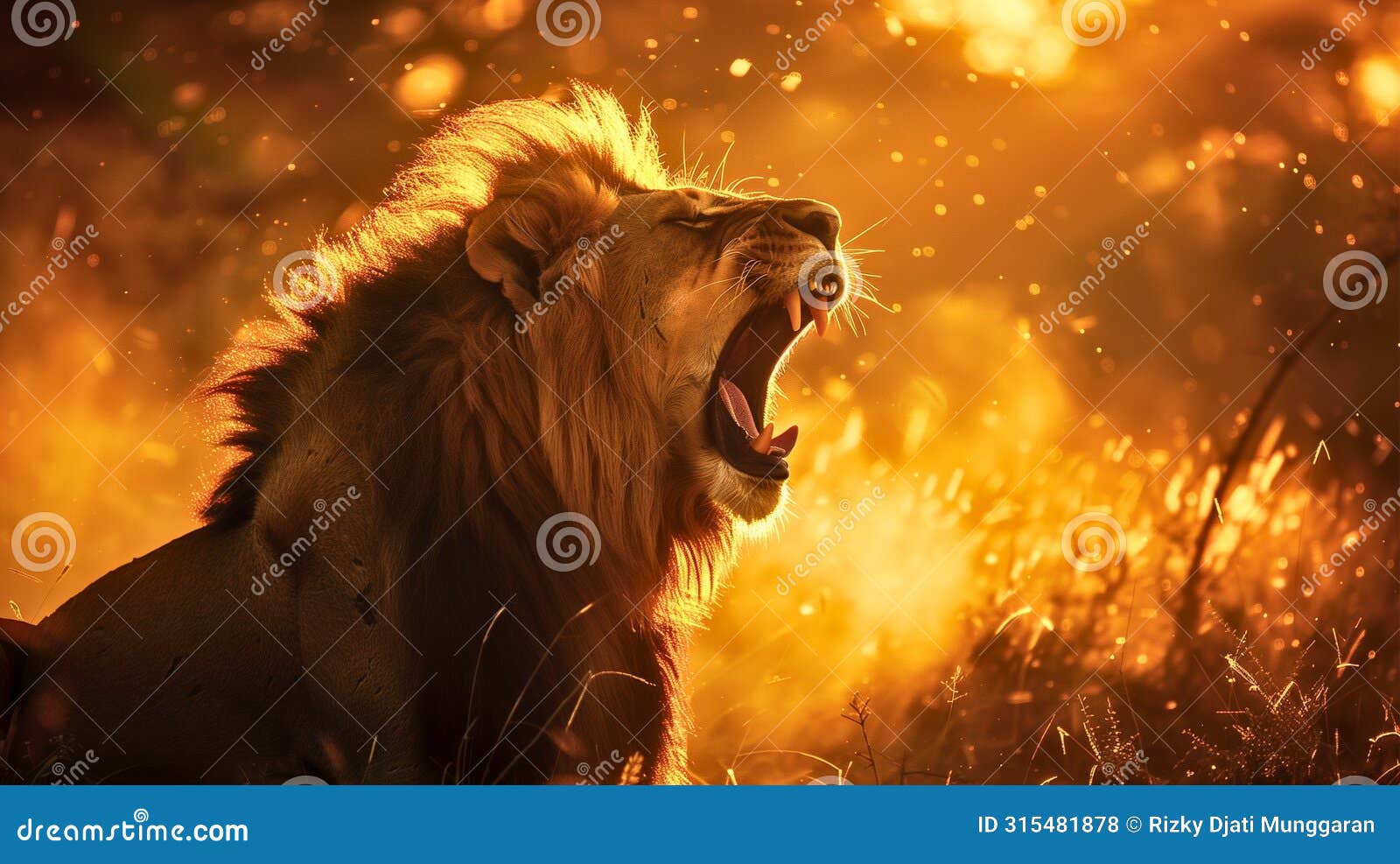 majestic male lion roaring at sunset, mane illuminated by golden light