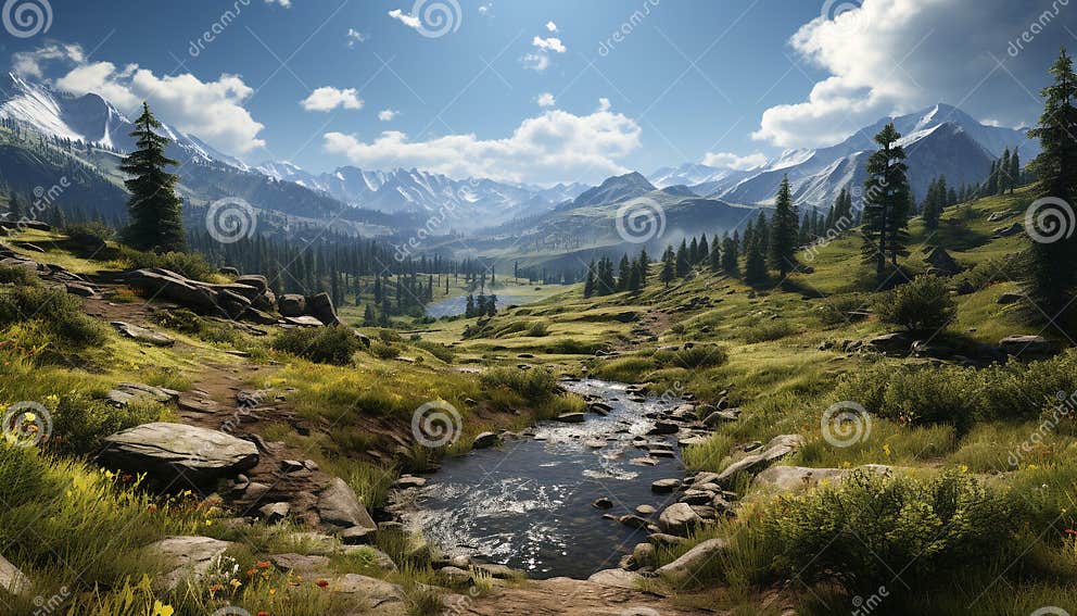 Majestic Mountain Range Reflects Beauty in Nature, Tranquil Meadow ...