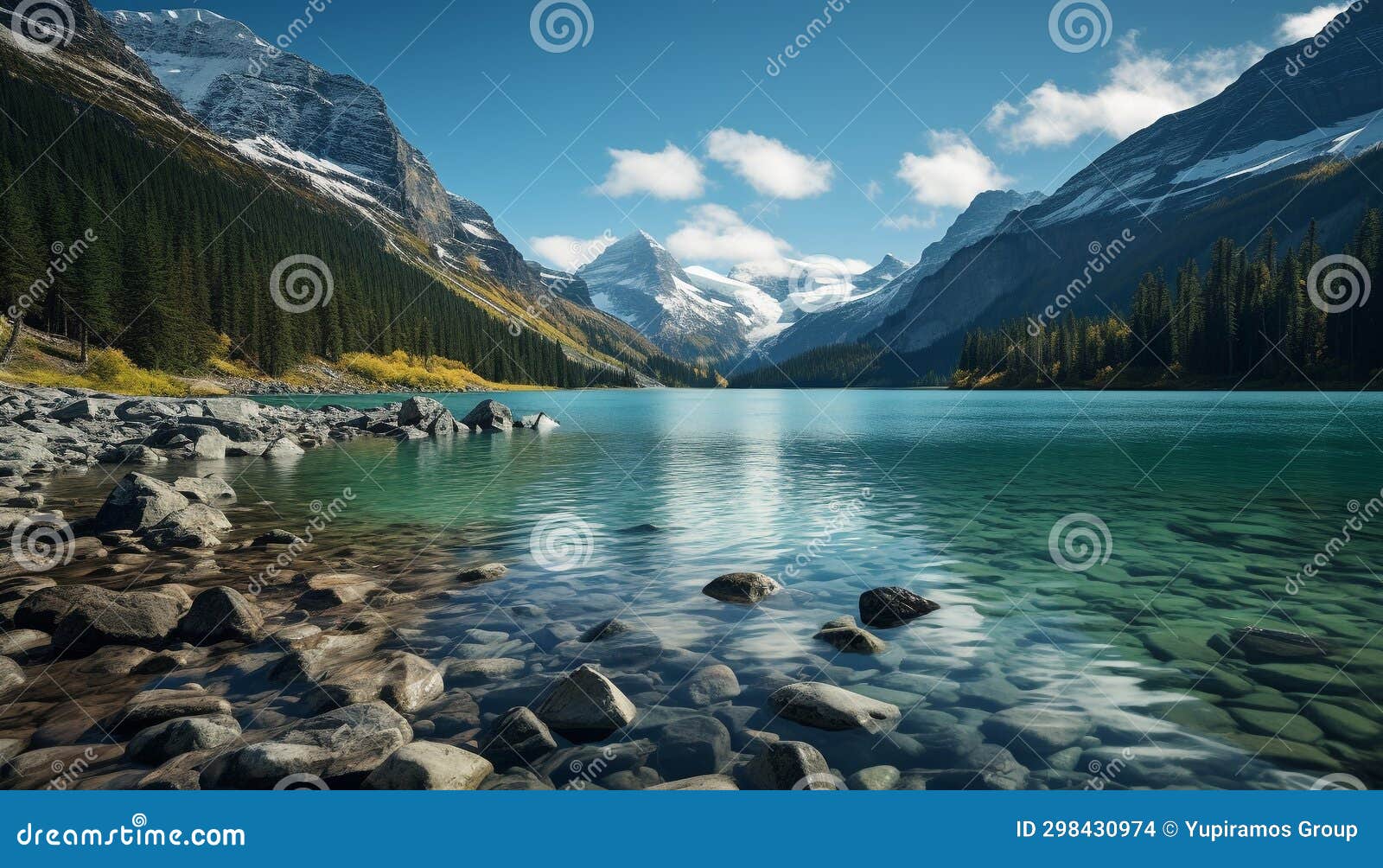 Majestic Mountain Range Reflects Tranquil Blue Sky in Alberta Generated