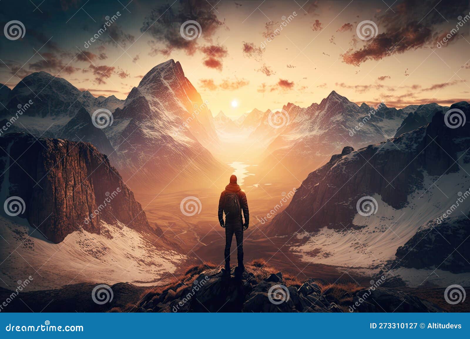 Majestic Mountain Range with the Sun Setting in the Distance, and Man