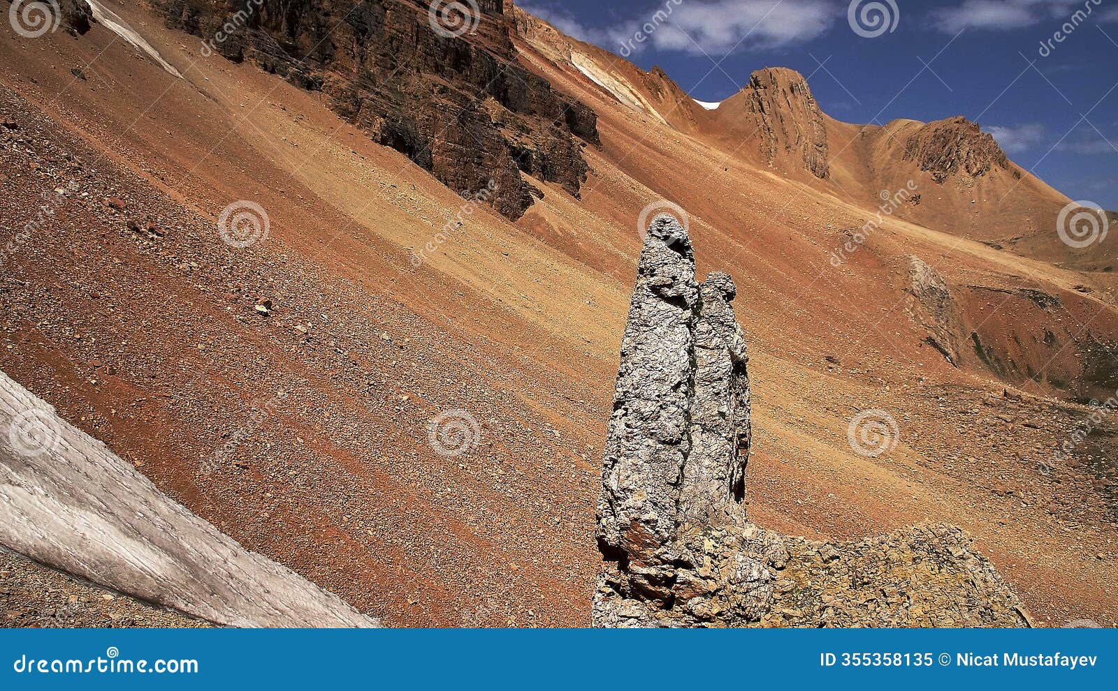 majestic mountains, mountain slopes, steep cliffs, blue sky, white clouds and colorful rocks