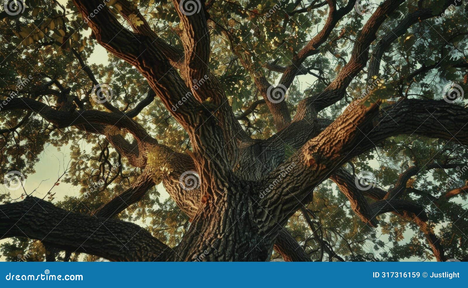 a majestic oak tree its branches rustling in unison with the melodies of birds singing their evening songs