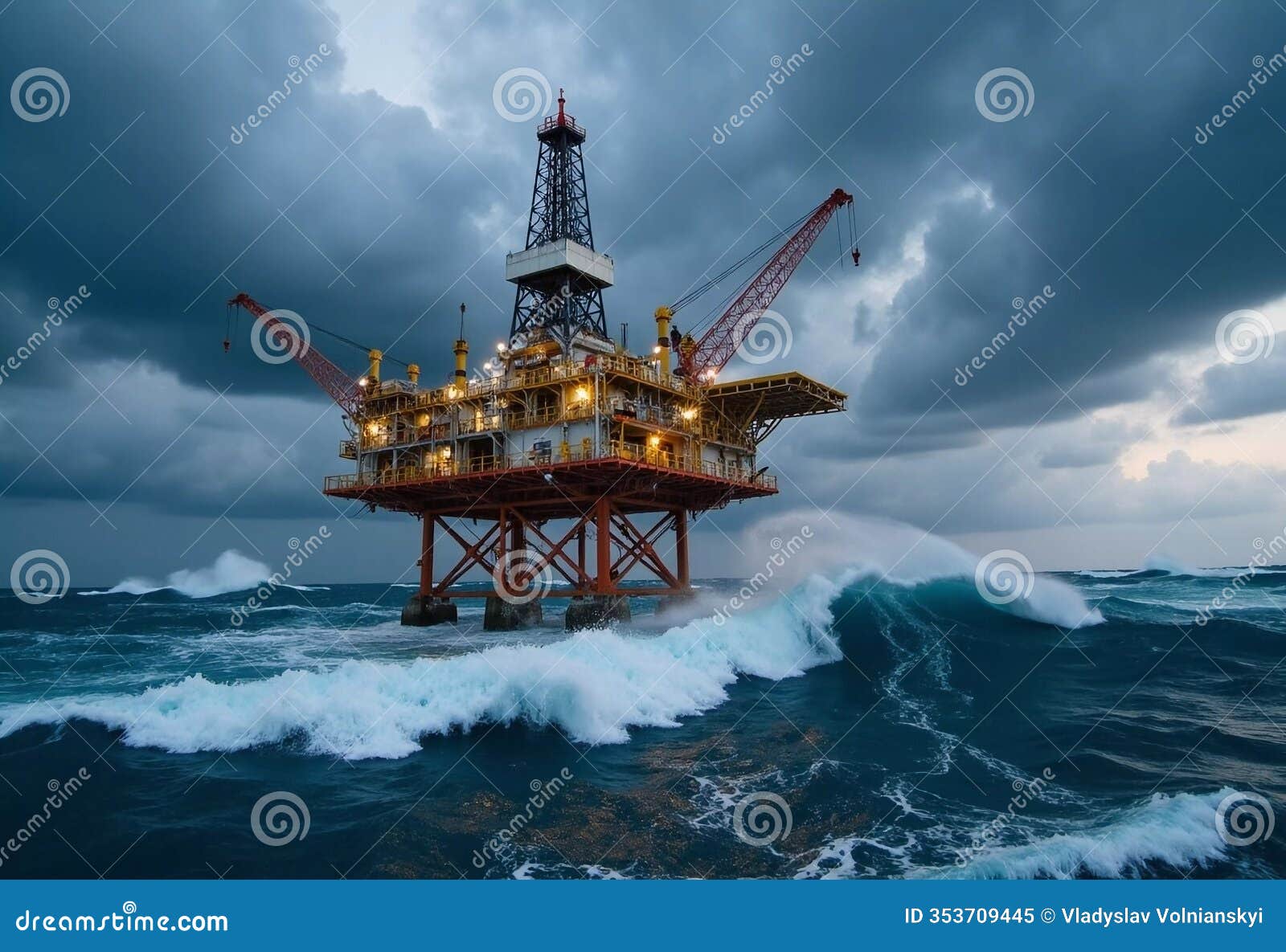majestic offshore drilling rig battles stormy waves at dusk