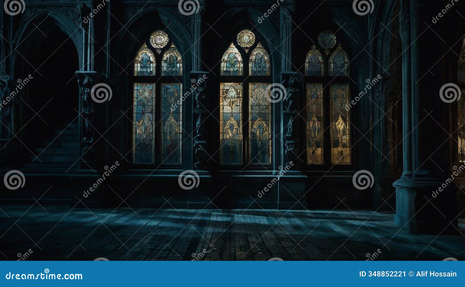 majestic one-story building with intricate stone carvings,  in a dark, moonlit atmosphere.