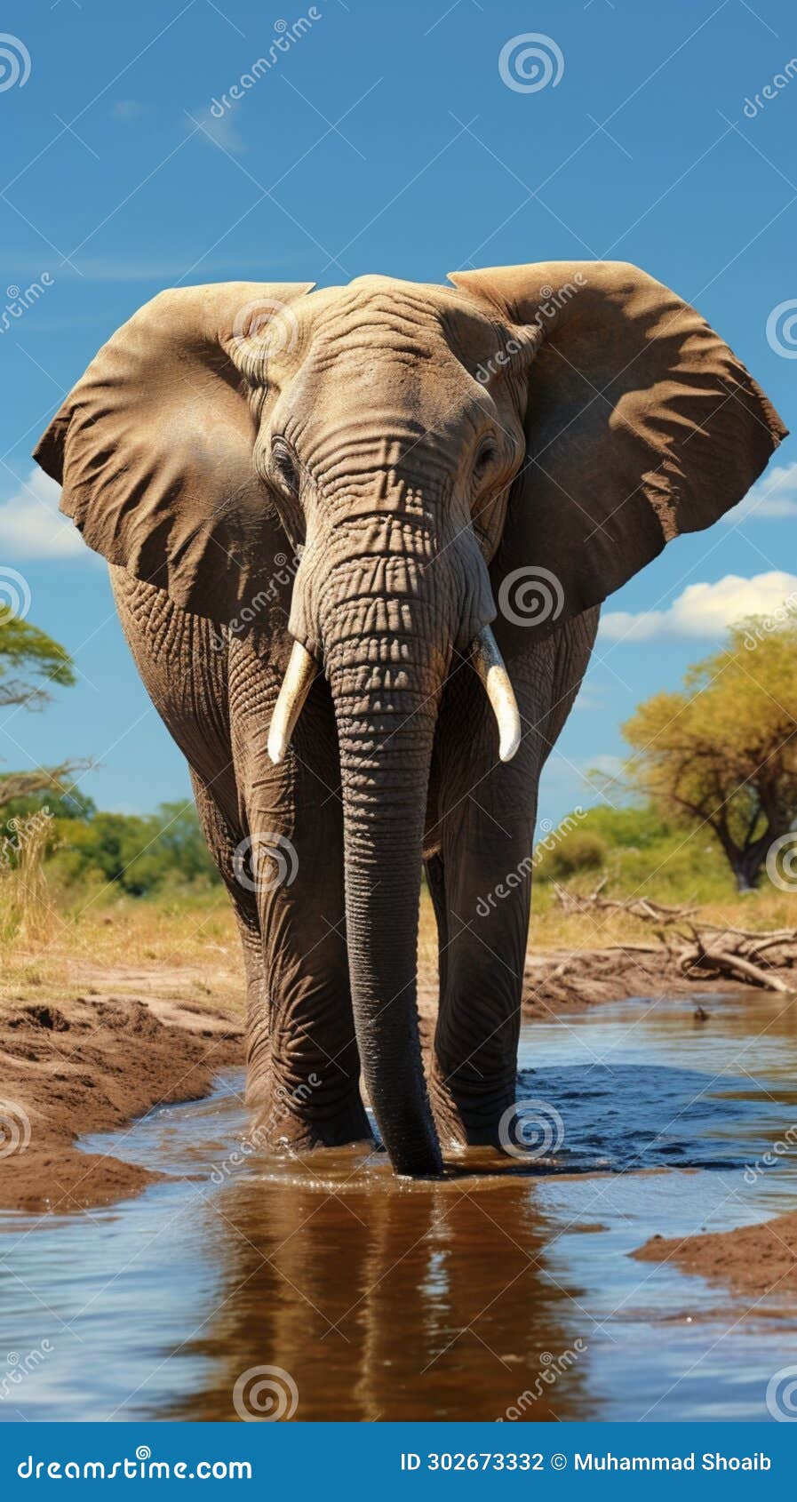 majestic pachyderm, african elephant, gracefully hydrating at a waterhole.