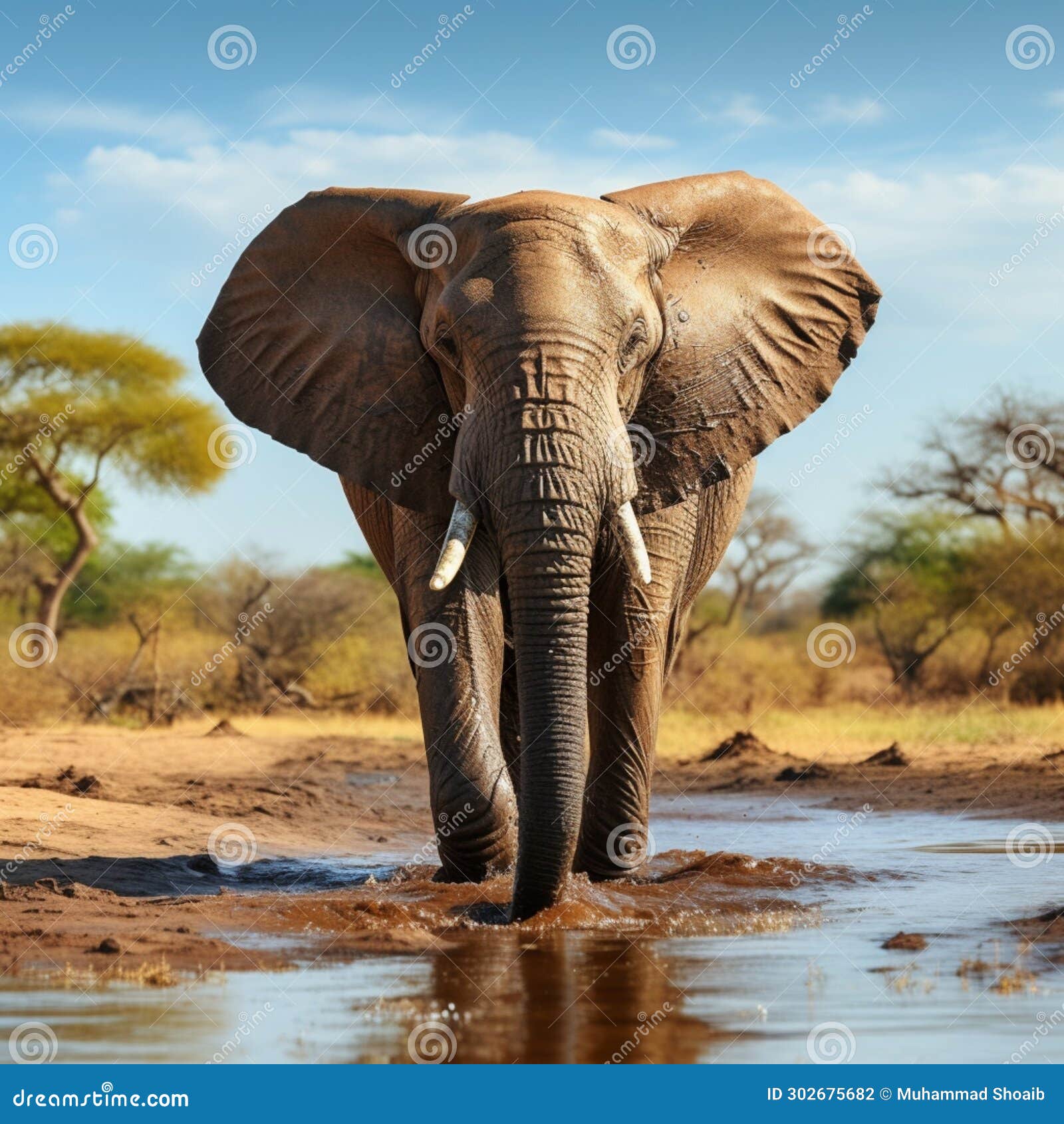 majestic pachyderm, african elephant, gracefully hydrating at a waterhole.