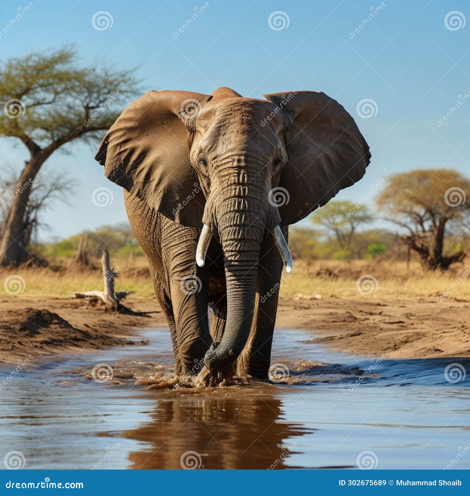 majestic pachyderm, african elephant, gracefully hydrating at a waterhole.