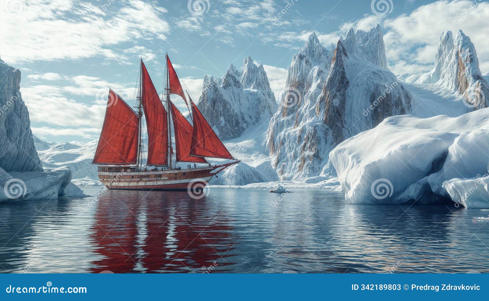 majestic red sailboat floating on a tranquil body of water