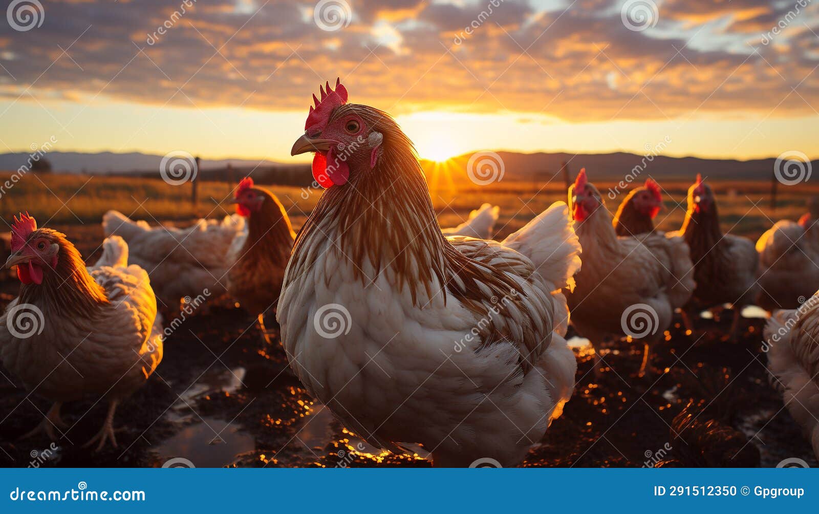 Majestic Rooster Crowing at Sunset on Organic Farm Generated by AI