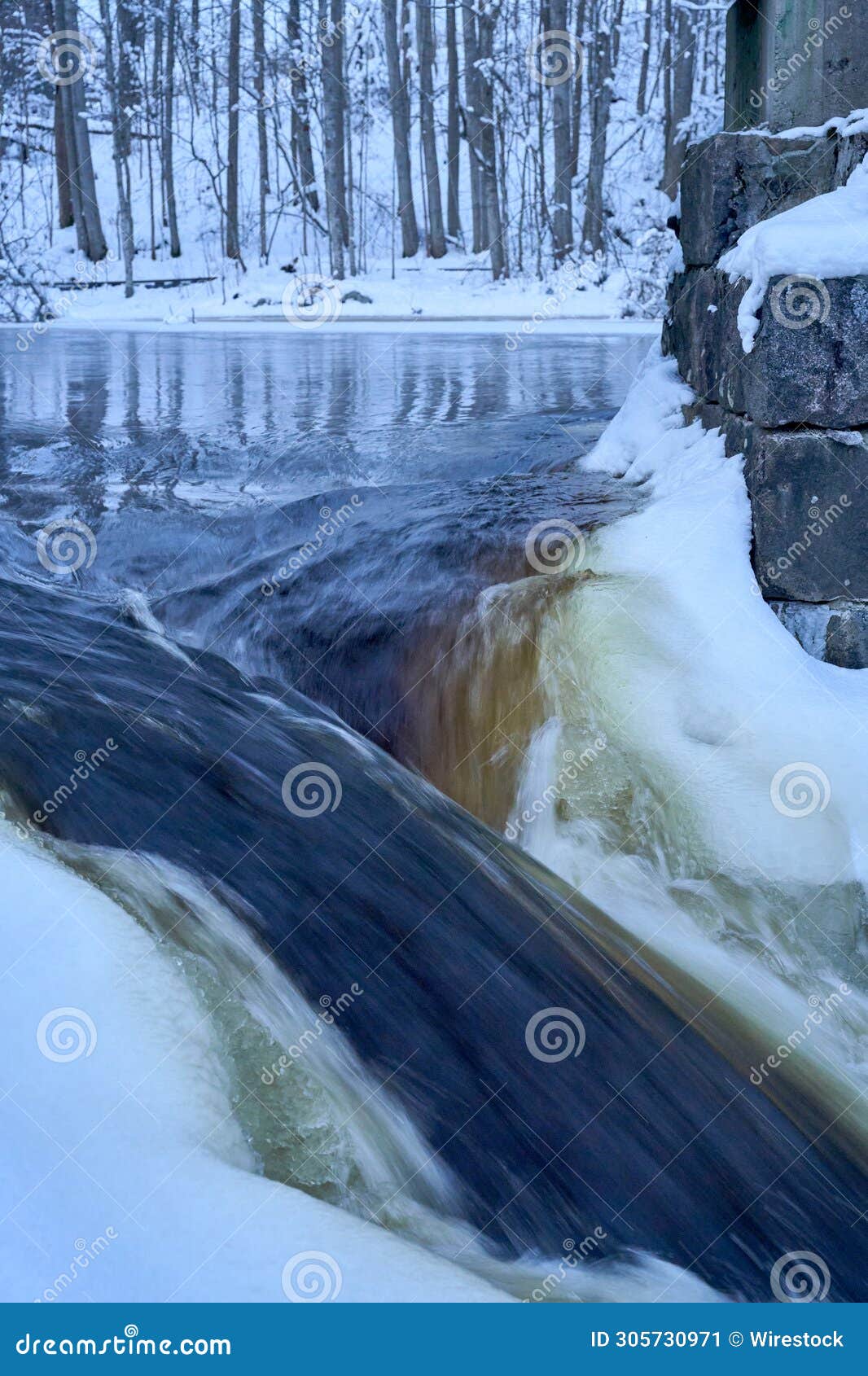 Majestic Snowy Waterfall Cascading with Abundant Water Flow Stock Image