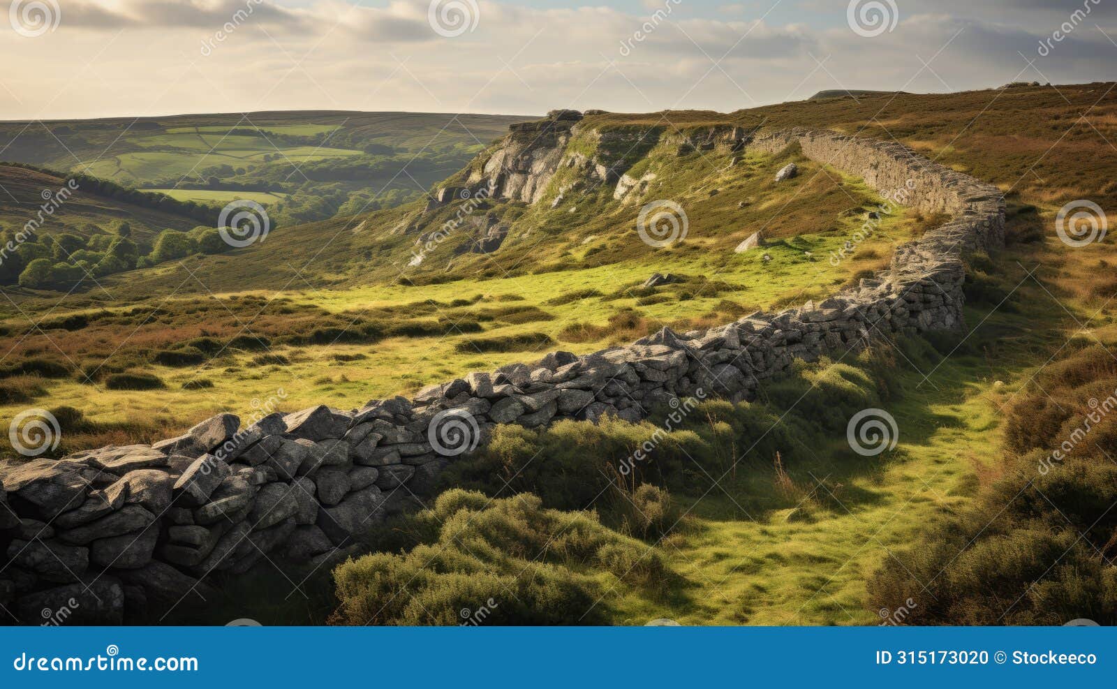 majestic stone wall on yorkshire hillside: a captivating morning scene