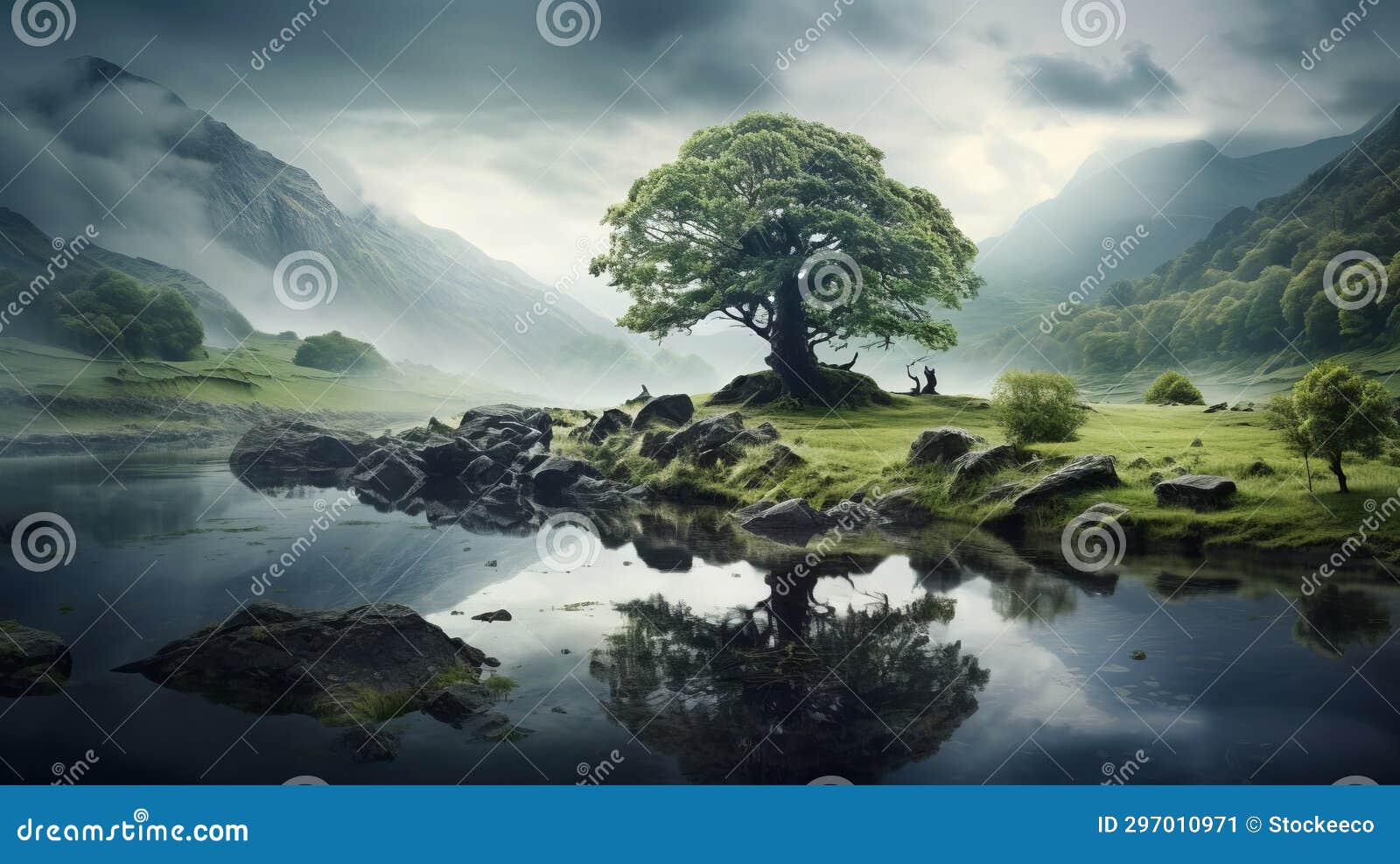 dreamy tree by the pond: epic fantasy scene in scottish highlands