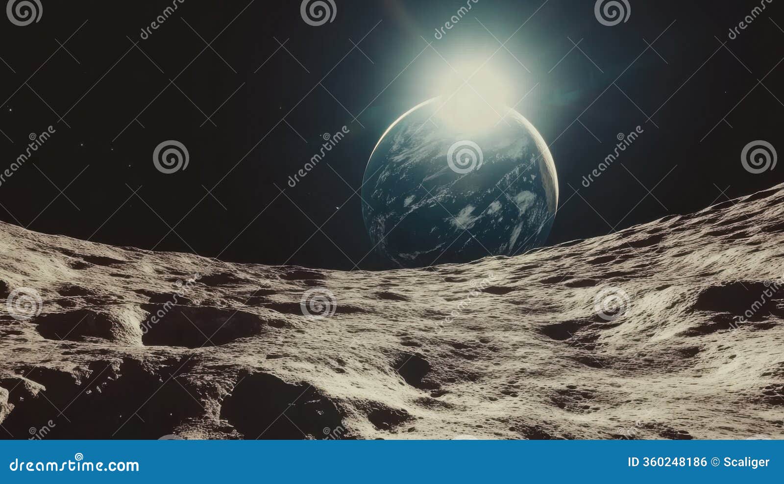 majestic view of earth rising over the lunar surface illuminated by sunlight in deep outer space exploration journey