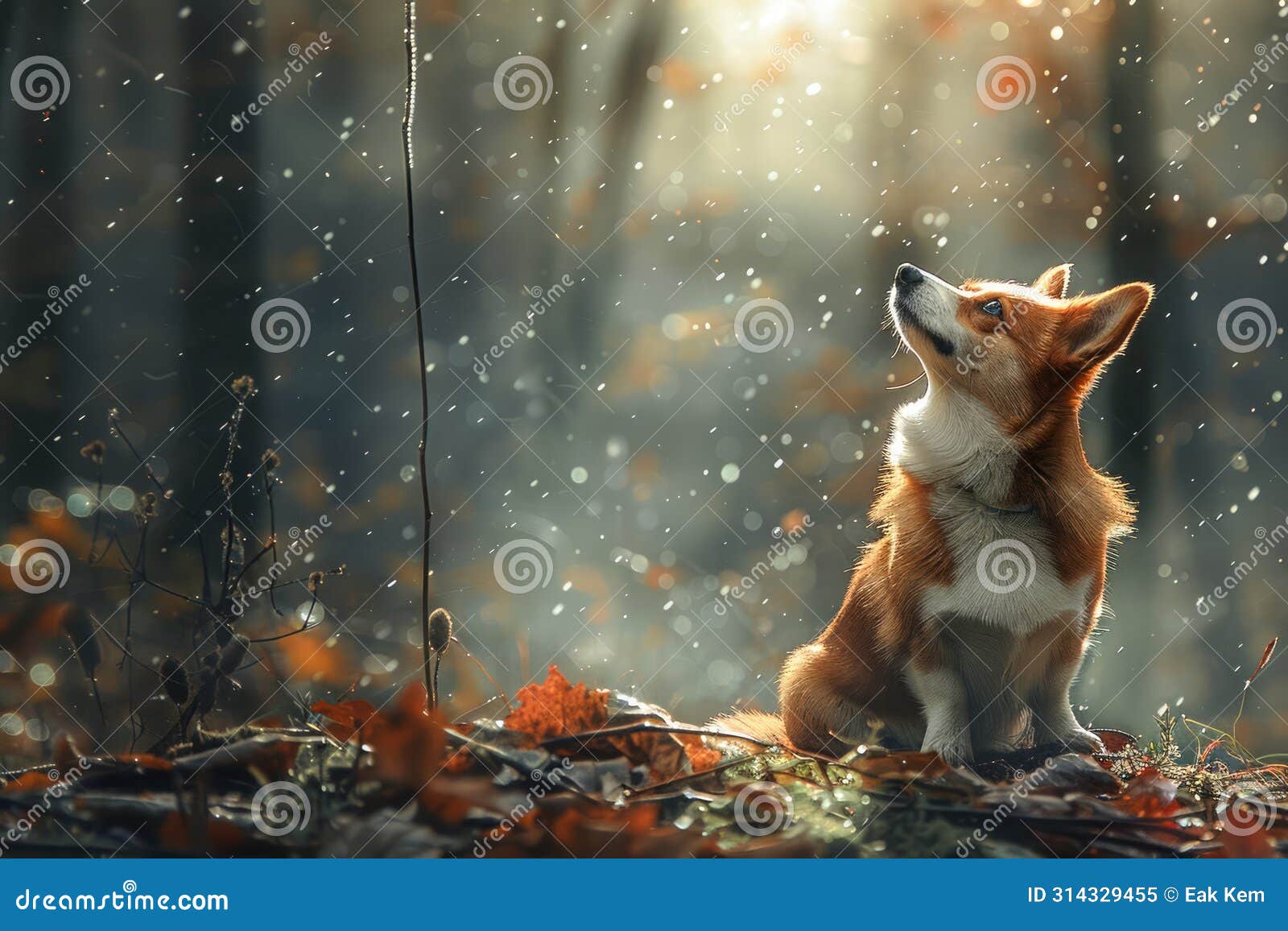 majestic welsh corgi dog savoring the quietness of a magical autumn forest with sunbeams and falling leaves