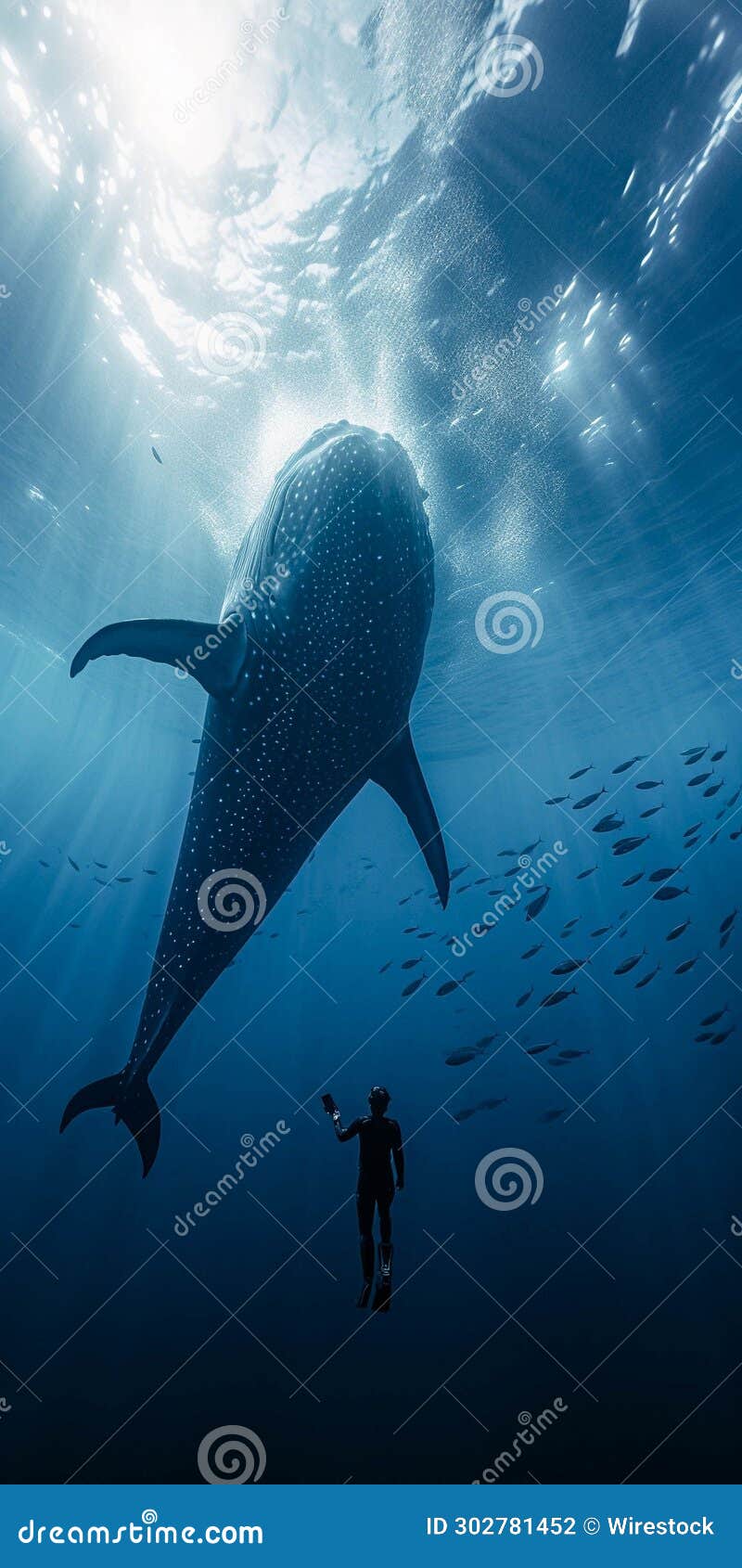 majestic whale swimming among a variety of fish in the open ocean, ai-generated.