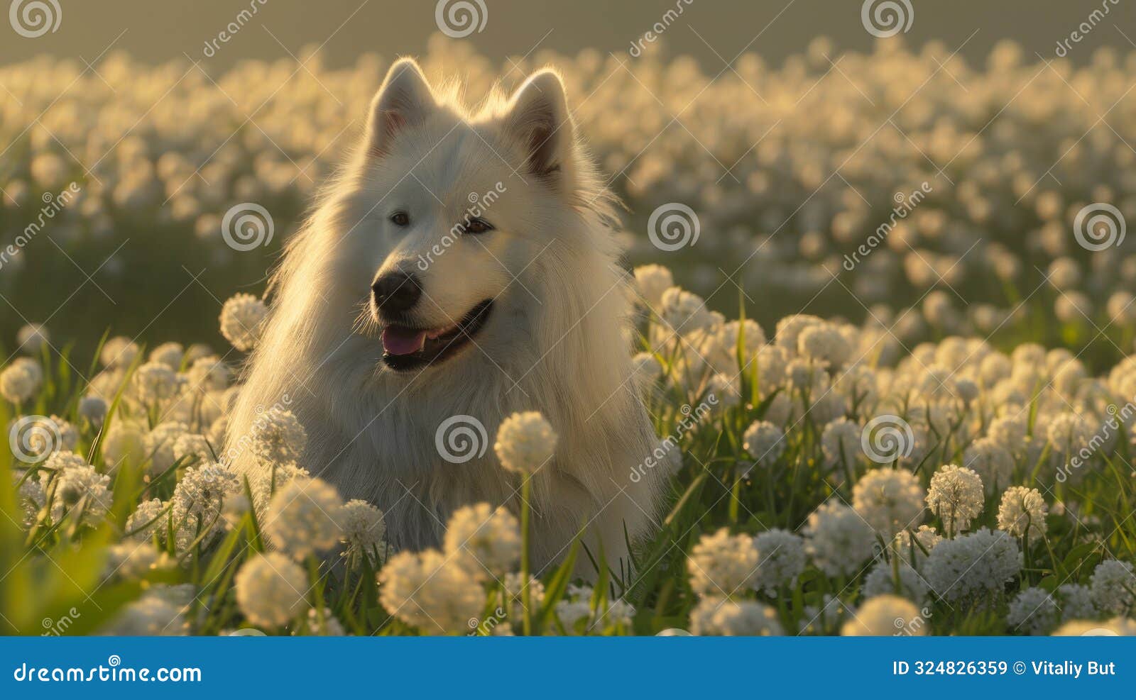 majestic white dog sits gracefully among a field of delicate flowers, blending seamlessly into the soft palette of