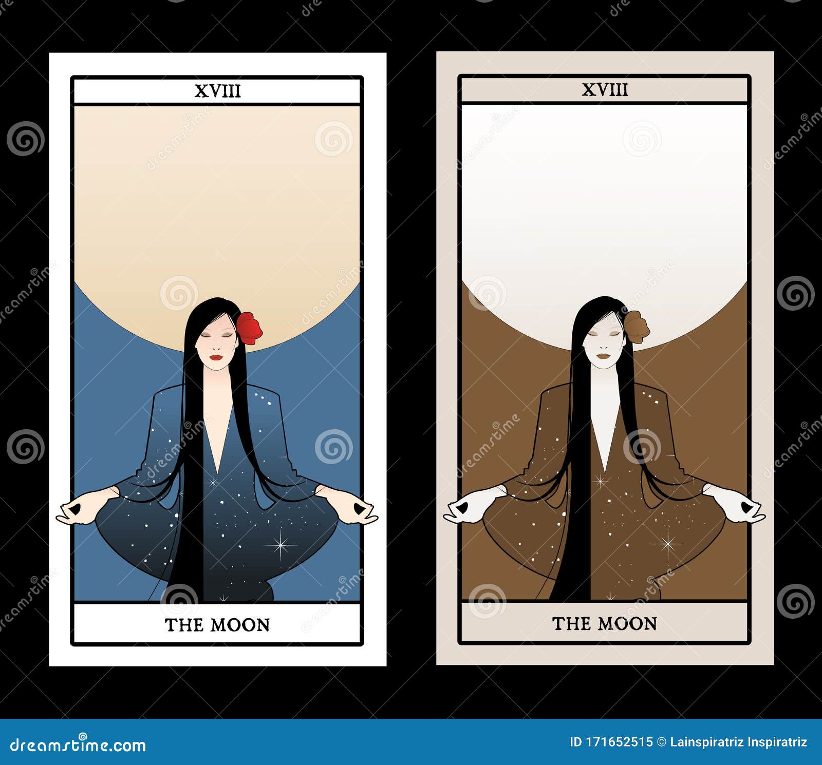 Major Arcana Tarot Cards. The Moon. Beautiful Girl Meditating In Lotus Position And Full Moon In ...