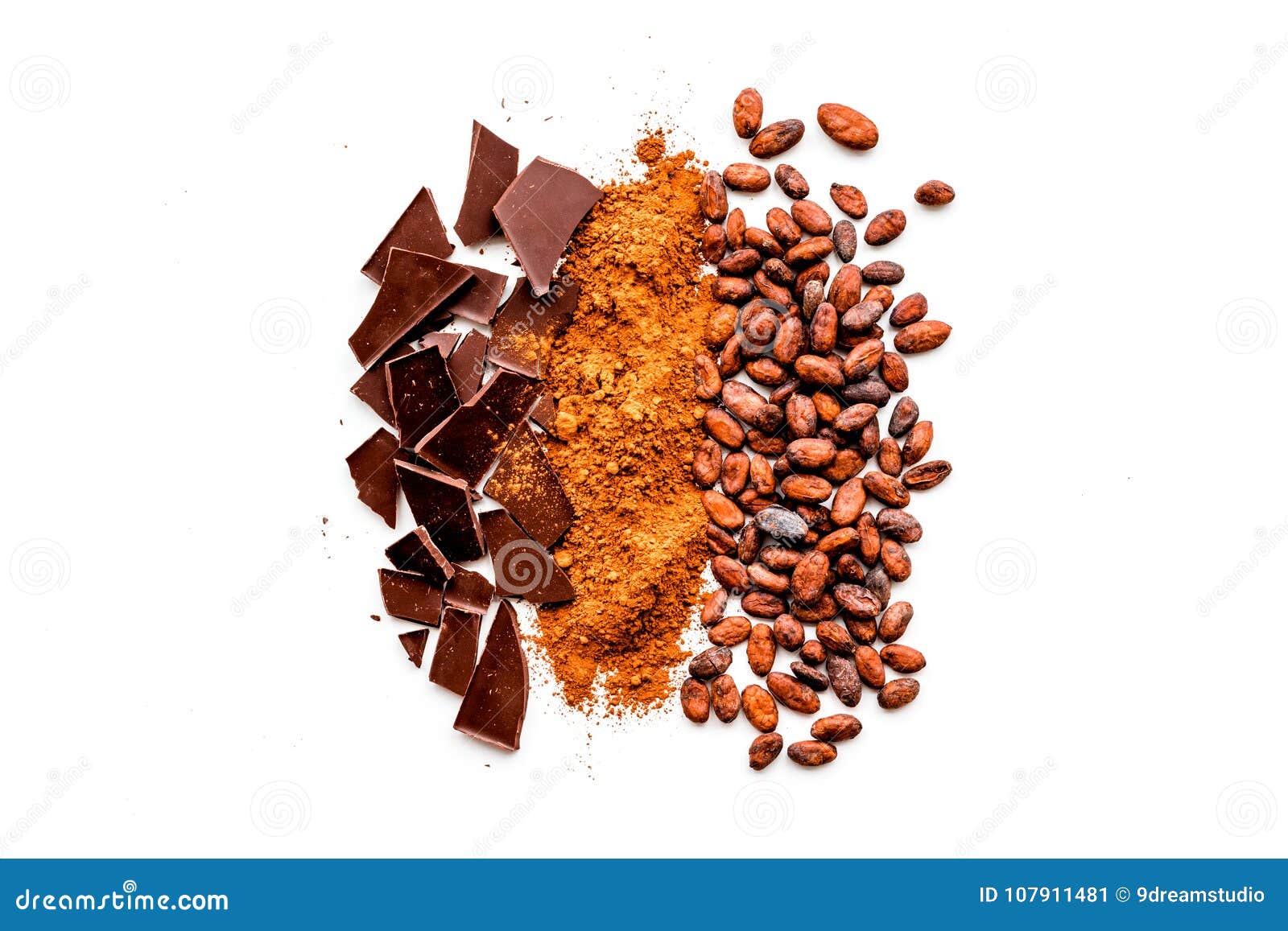 make chocolate. cocoa powder near cocoa beans and pieces of chocolate on white background top view copy space