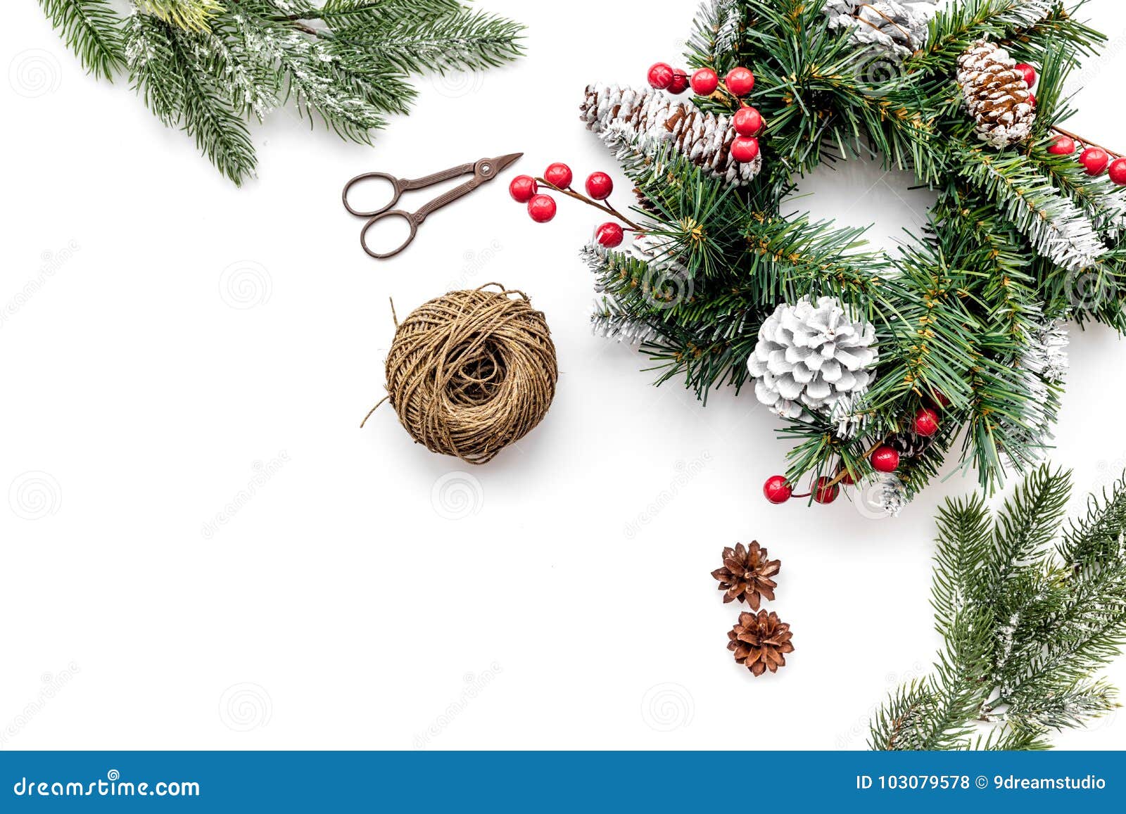 Make Christmas Wreath. Spruce Branches, Cones, Threads, Sciccors On