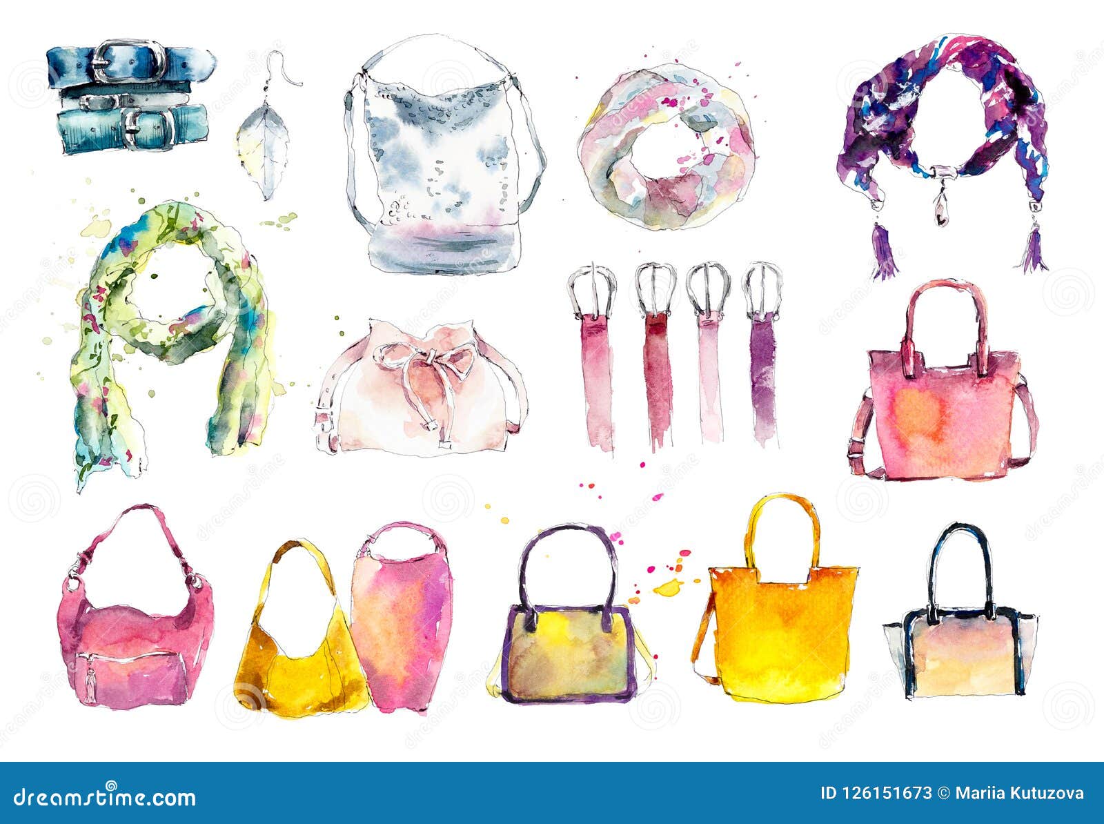 Accessories: Scarf, Bag, Belts. Watercolor Hand Drawn Illustration Stock  Illustration - Illustration of accessories, scarf: 126151673