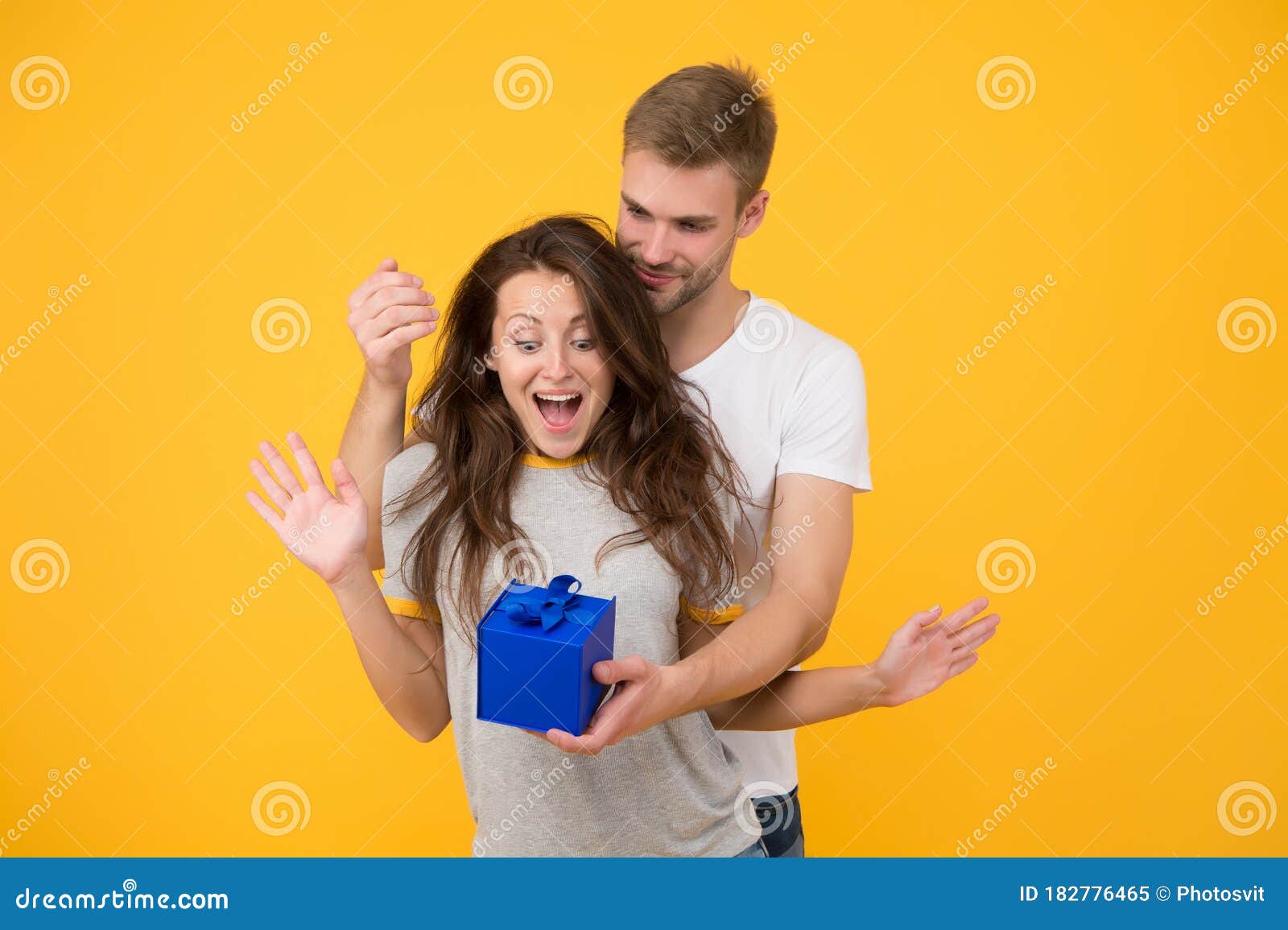 Make Her Wow. Surprised Woman Got Present from Man. Birthday Surprise ...