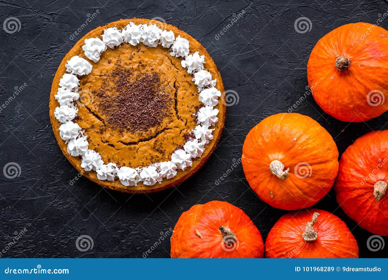 Make Pumpkin Pie. Whole Cake Near Pumpkins on Black Background Top View ...