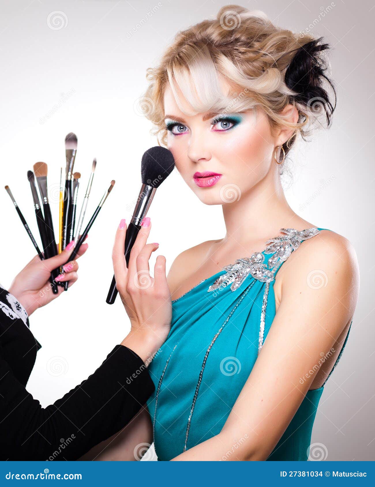 Makeup Artist in Action on Beautiful Doll Face Stock Photo Image of