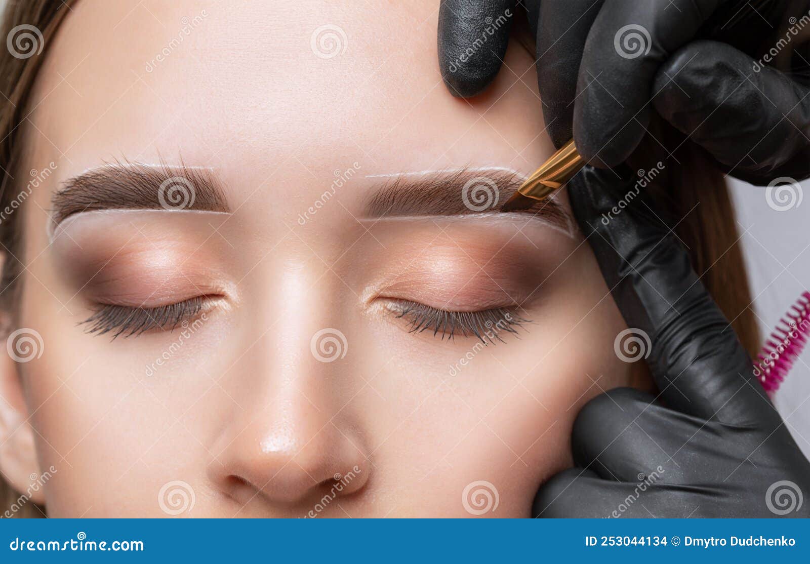 The Makeup Artist Does Longlasting Styling of the Eyebrows of the Eyebrows and Will Color the