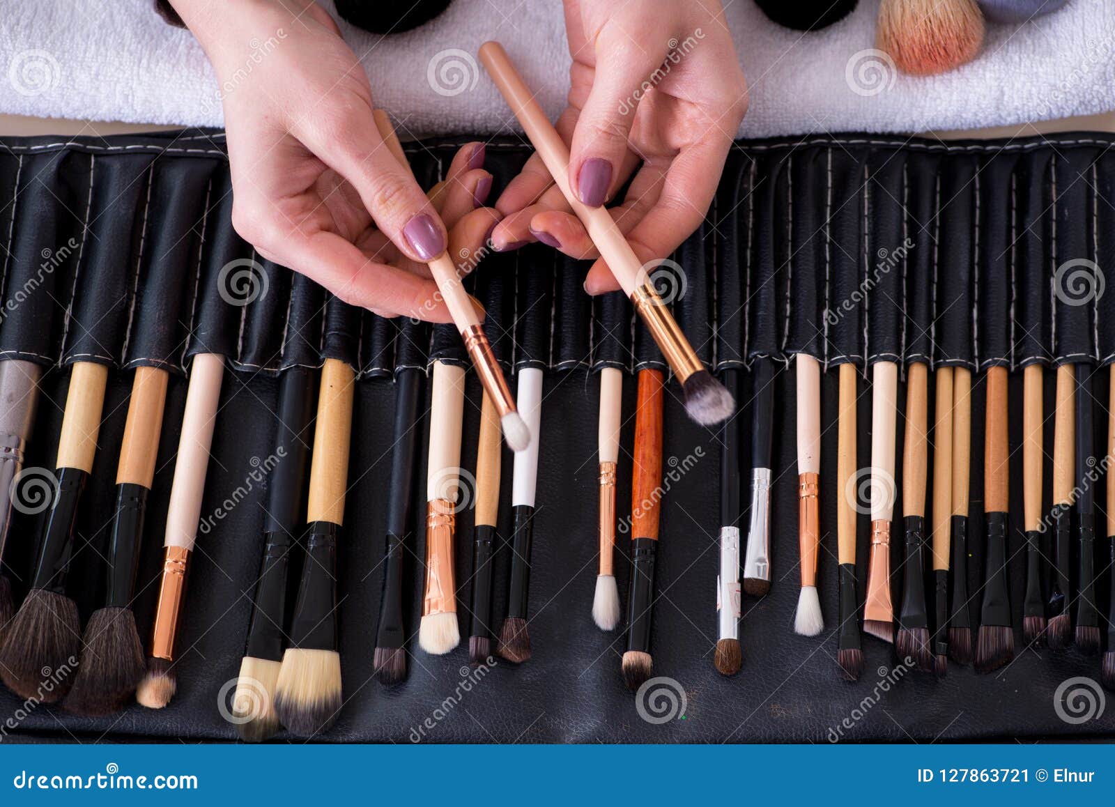 The Makeup Artist Preparing Brushes for Work Stock Image Image of
