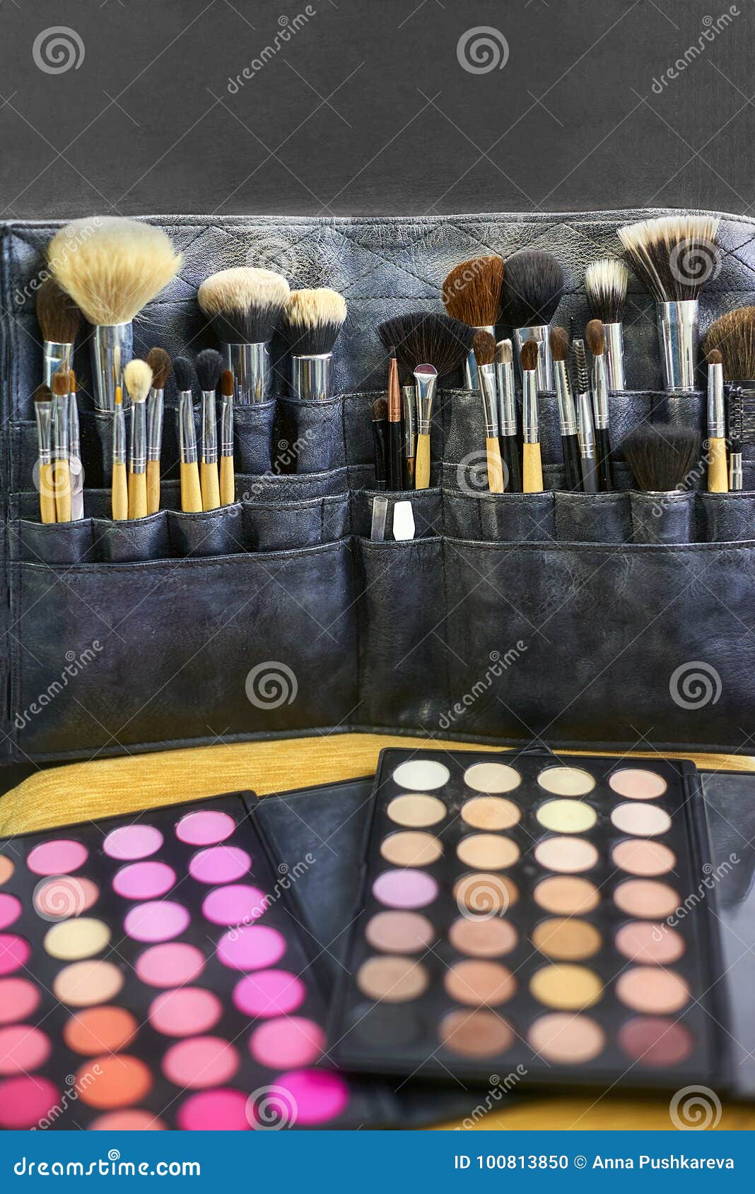 Make Up Artist Tools Various of Brushes and Eyeshadow Pallettes Close
