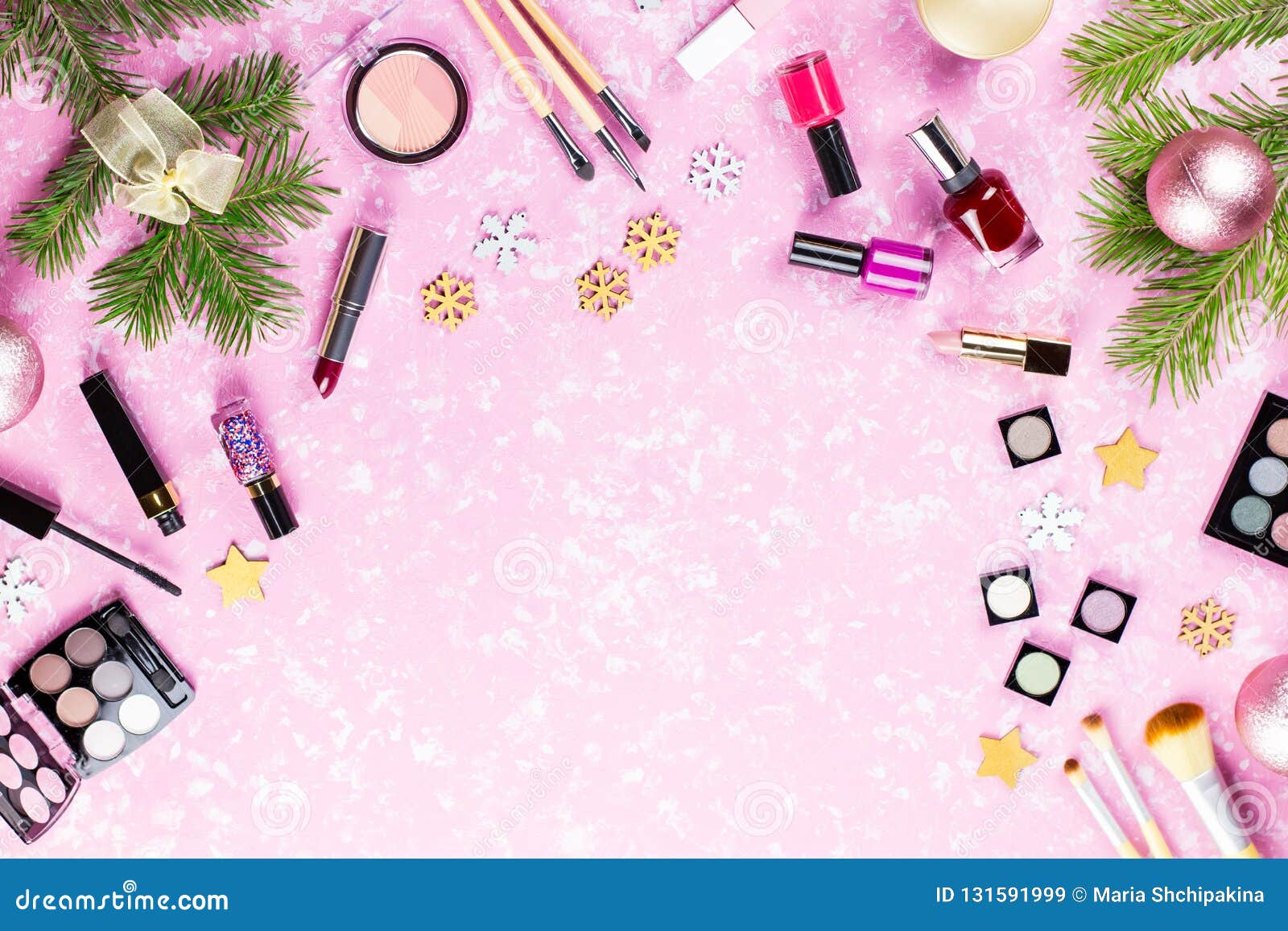 Make Up Cosmetics and Christmas Decorations on Artistic Pink Background ...