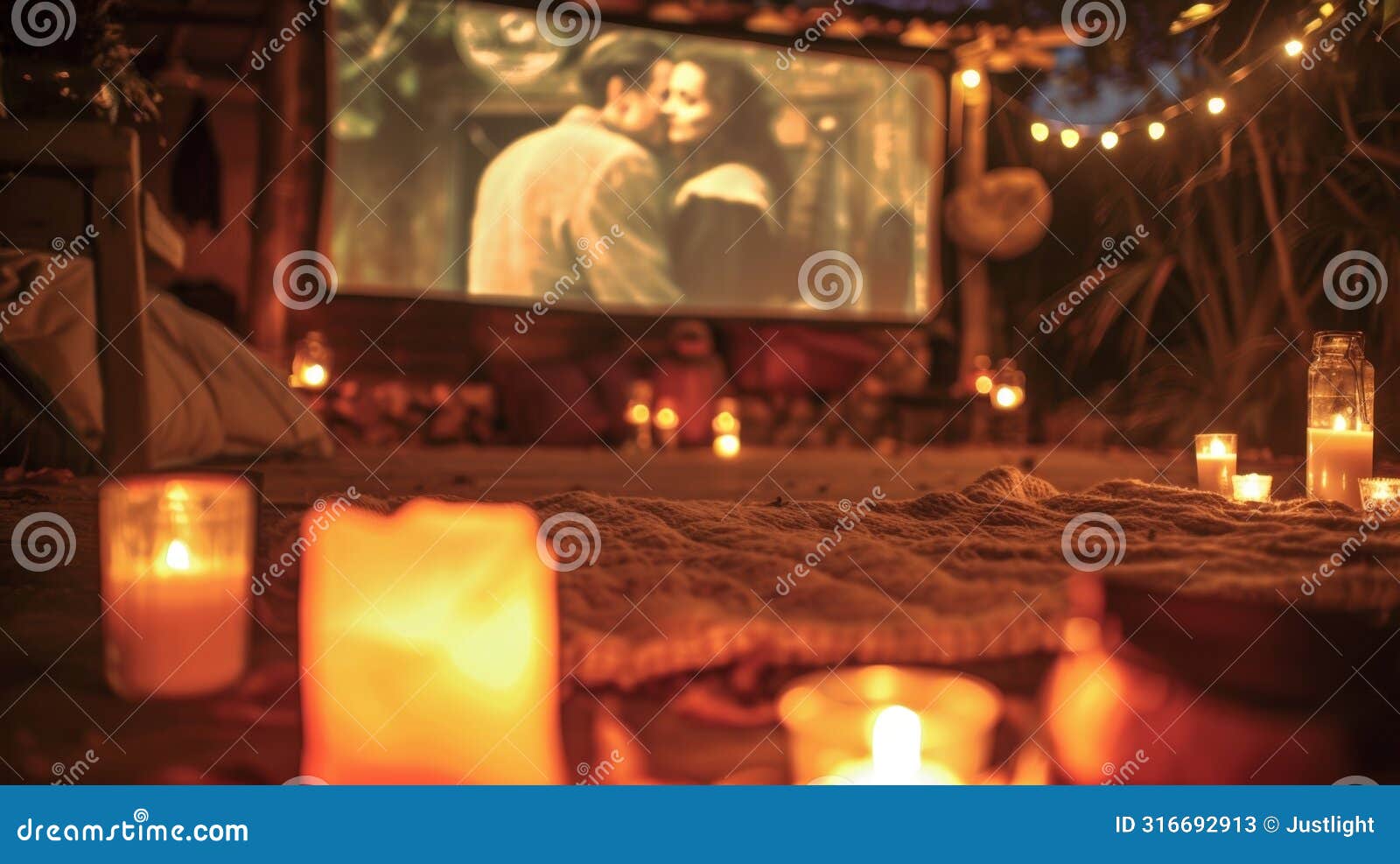 a makeshift outdoor theater complete with an oldfashioned movie screen candles and a blazing fire. 2d flat cartoon
