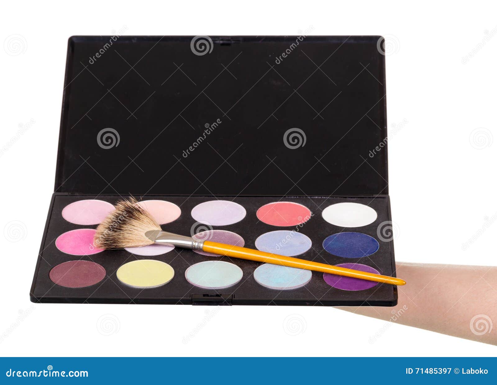 Makeup Artist S Hand Holding Palette Eyeshadow Isolated on White. Stock Image Image of female