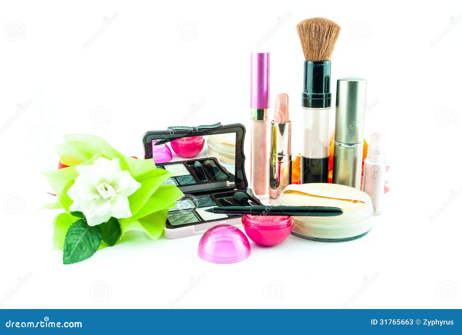 Makeup Brush and Cosmetics Set on a White Background Stock Image