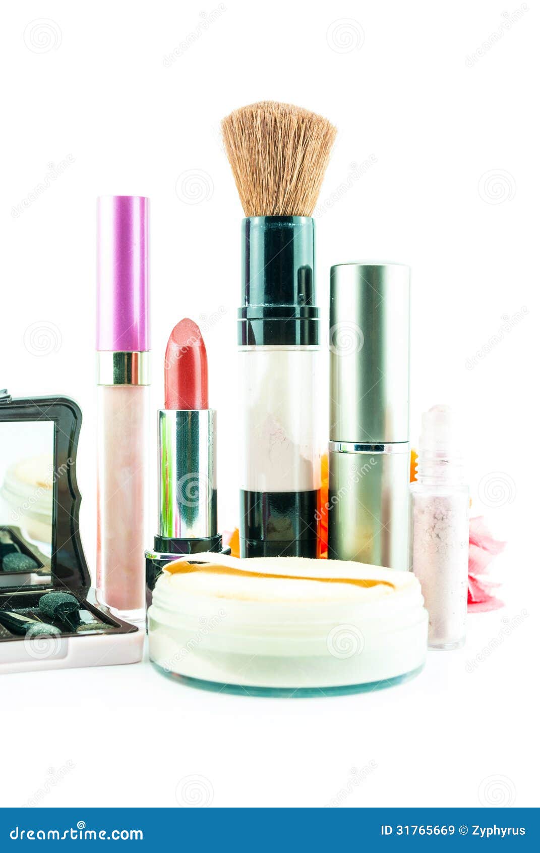 Makeup Brush and Cosmetics Set on a White Background Stock Image