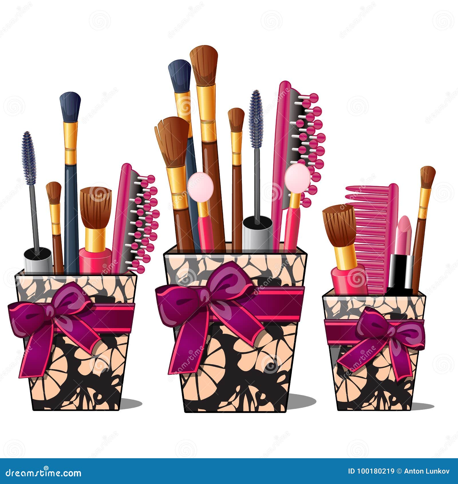 Makeup Brushes, Mascara, Comb in Box with Pink Bow Stock Vector ...