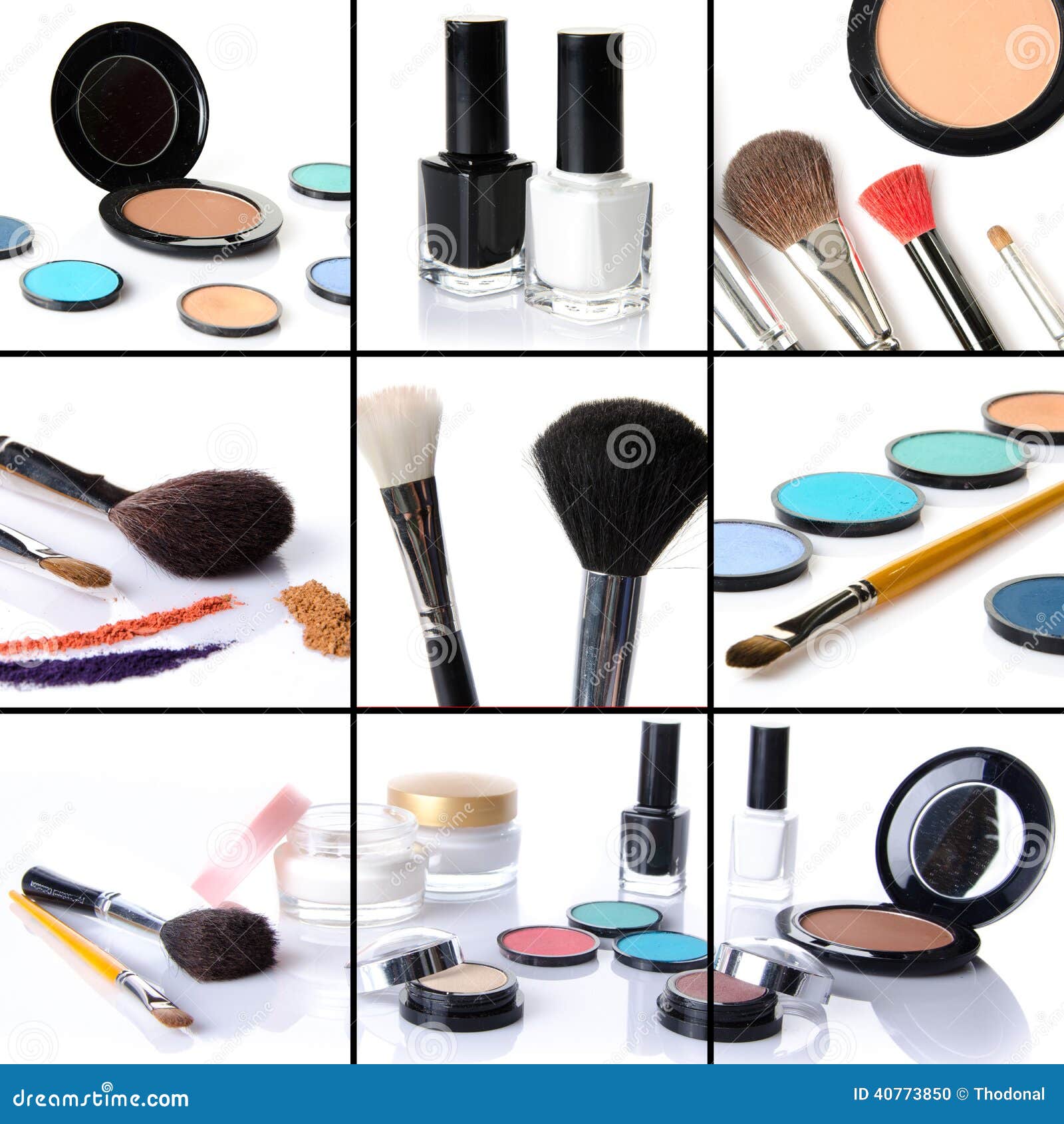 Makeup Collage, Eyeshadows, Blusher,nail Polish, Brushes Stock Photo
