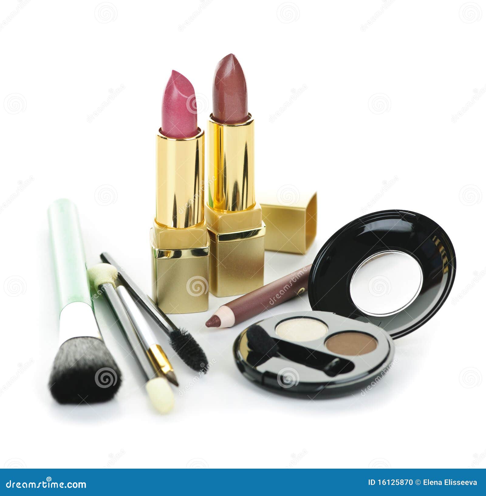 Makeup and cosmetics. Cosmetic makeup kit with brushes isolated on white background