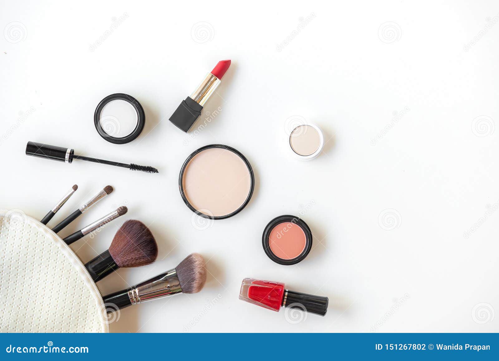 makeup cosmetics tools background and beauty cosmetics, products and facial cosmetics package lipstick, eye shadow on the white ba