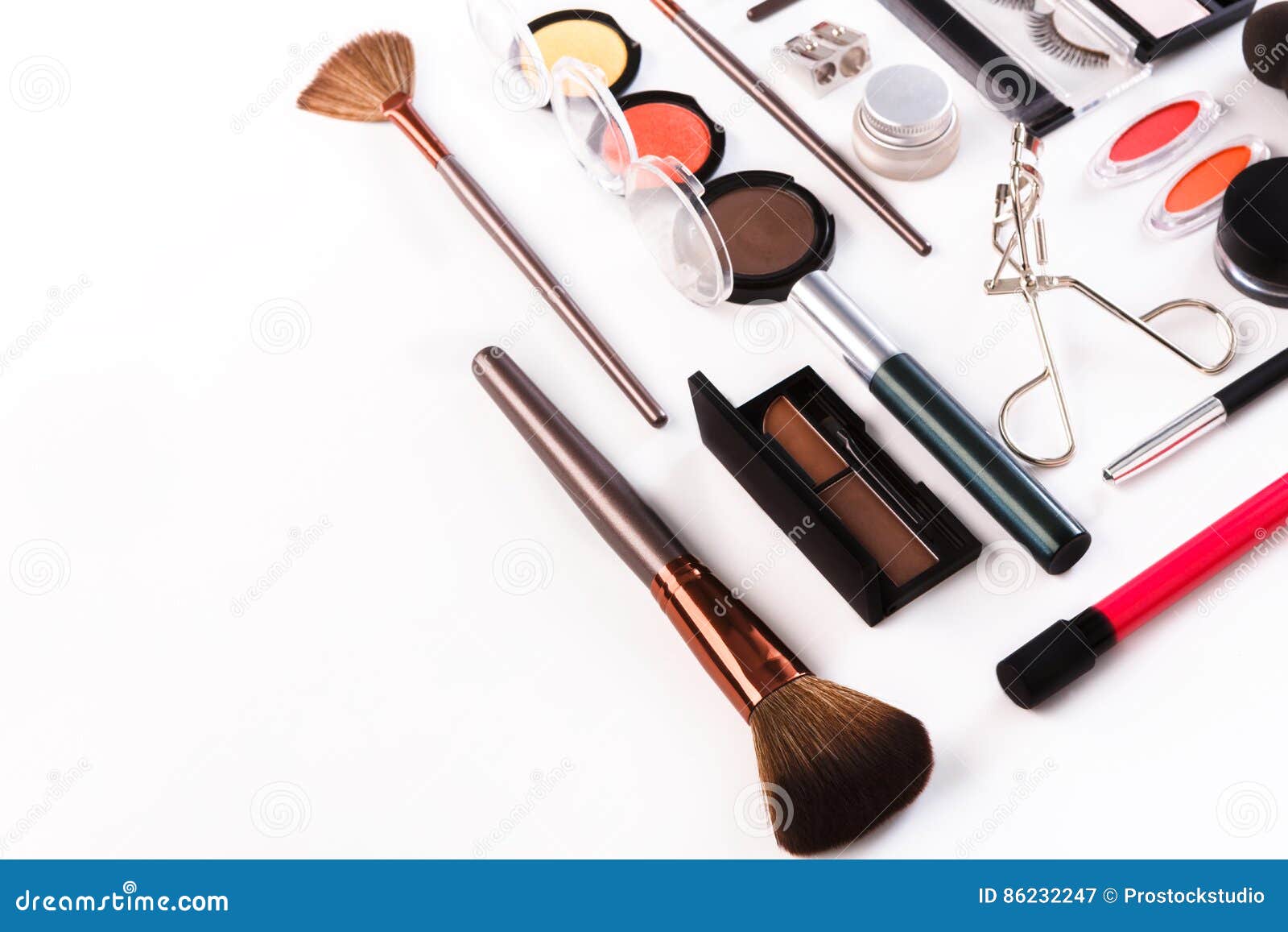 Makeup Cosmetics Tools and Essentials, Flat Lay on White Background