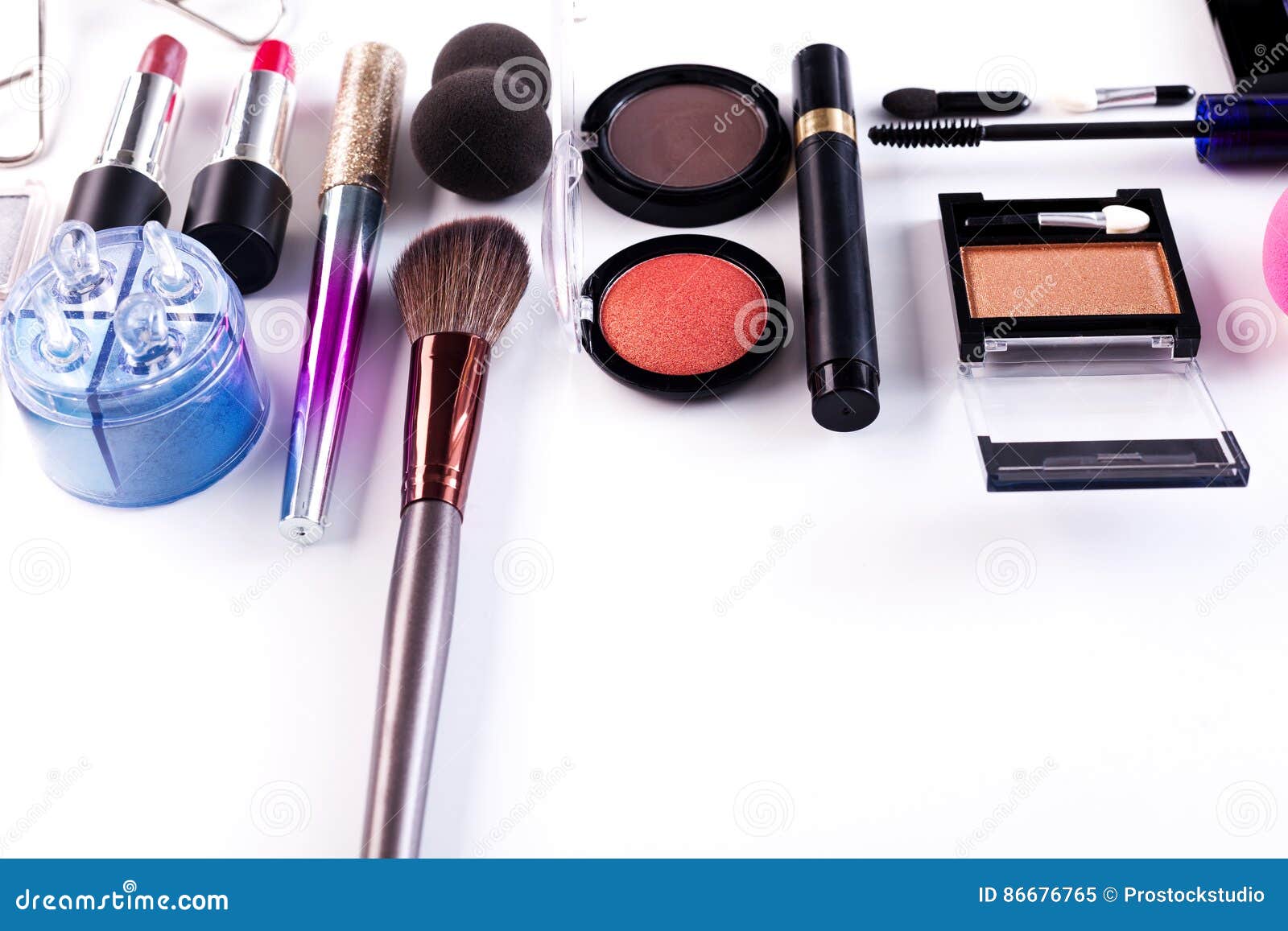 Makeup Cosmetics Tools and Essentials, Flat Lay on White Background
