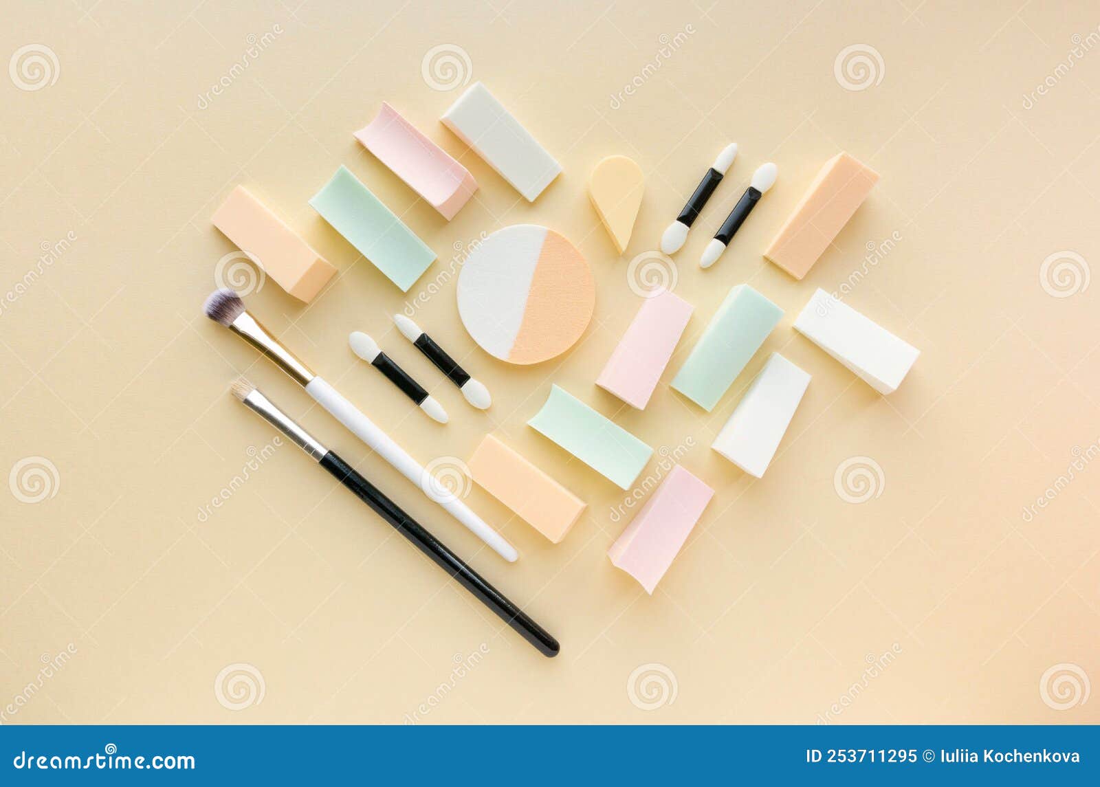 Makeup Flat Lay. Various Foundation Sponges, Eyeshadow Applicators and